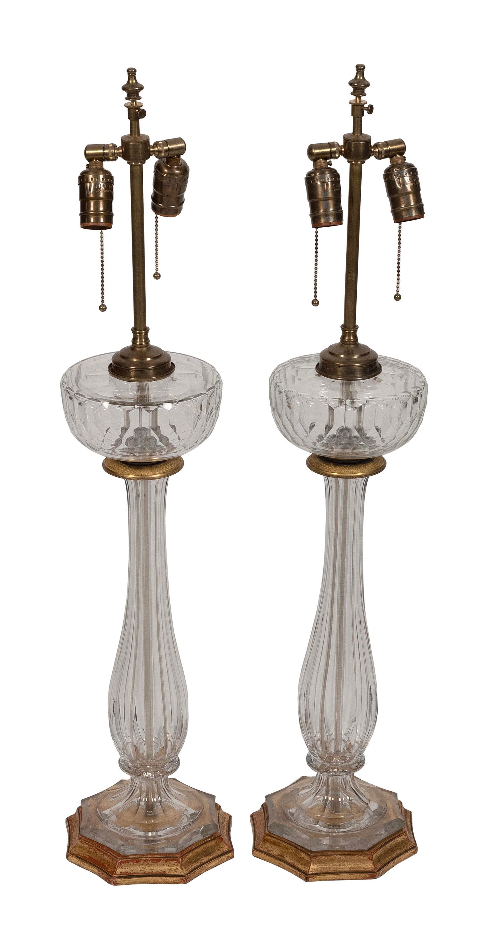 PAIR OF GLASS BANQUET LAMPS 20th Century Base heights 23î. Total heights with shades 34î. (1 of 1)