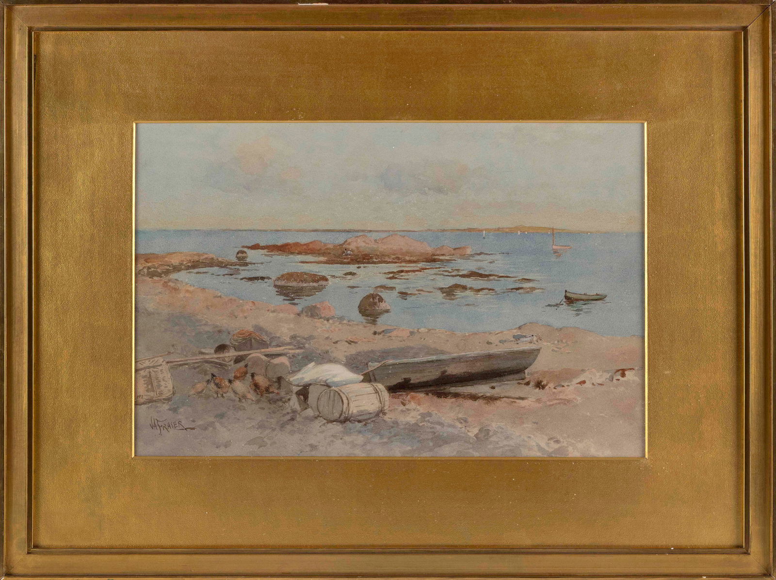 JOHN ARTHUR FRASER (Canada/New York, 1838-1898), Beached dory., Watercolor, 14" x 21" sight. Framed: JOHN ARTHUR FRASERCanada/New York, 1838-1898Beached dory. Signed lower left "W. Fraser".Watercolor, 14" x 21" sight. Framed 24.75" x 32.25".