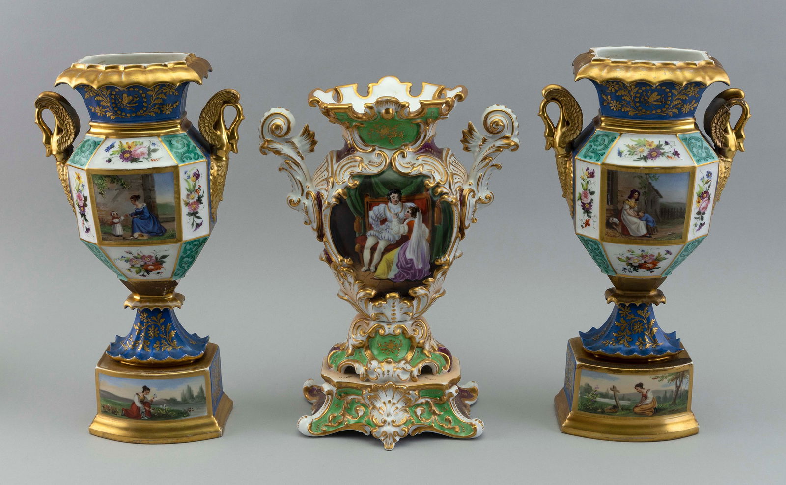THREE PARIS PORCELAIN MANTEL GARNITURES 19th Century (1 of 3)