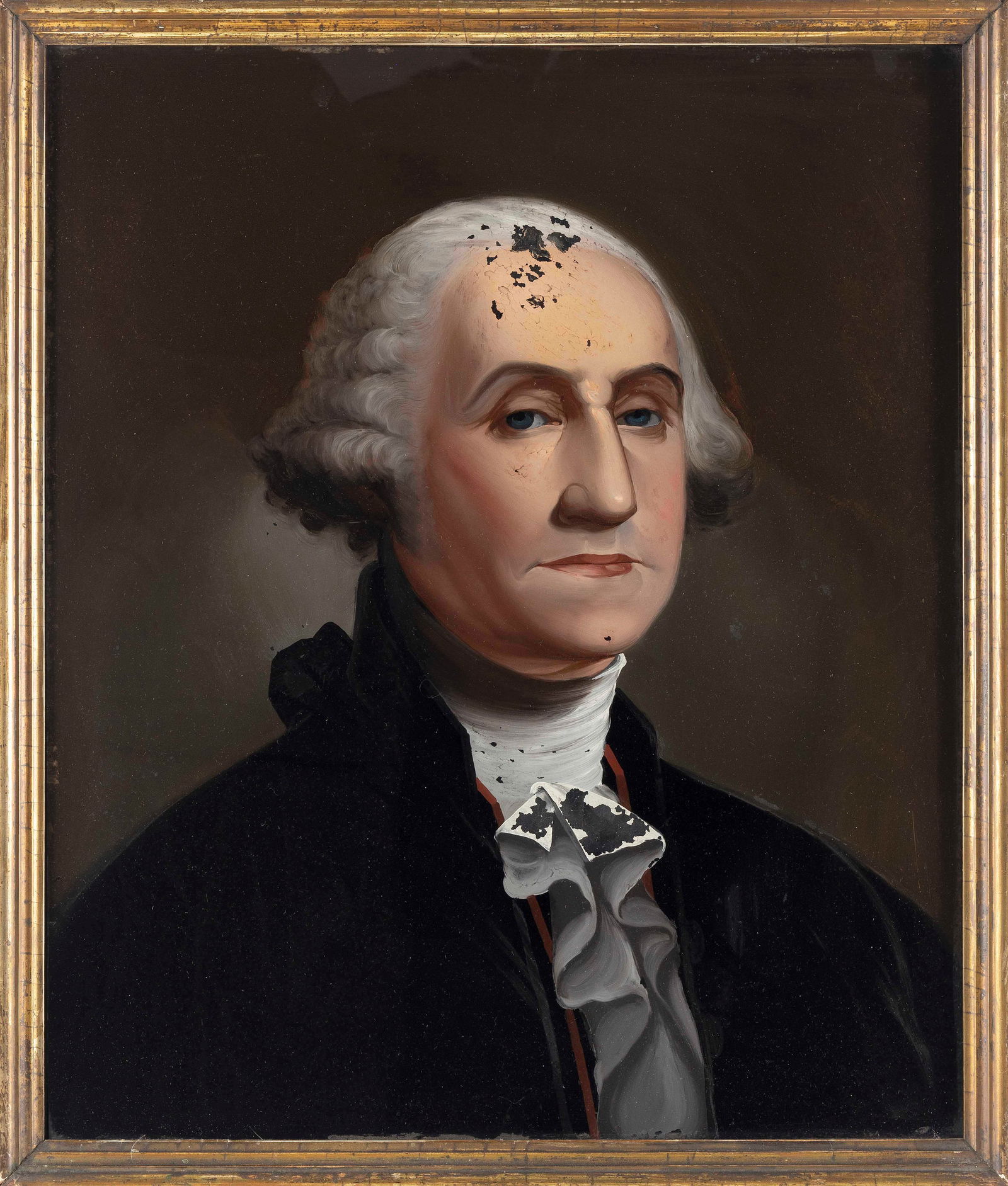 CHINESE EXPORT REVERSE PAINTING ON GLASS PORTRAIT OF GEORGE WASHINGTON 19th Century 24" x 19.5".: CHINESE EXPORT REVERSE PAINTING ON GLASS PORTRAIT OF GEORGE WASHINGTON19th CenturyBased on the portrait by Gilbert Stuart.24" x 19.5". Framed 26" x 22".