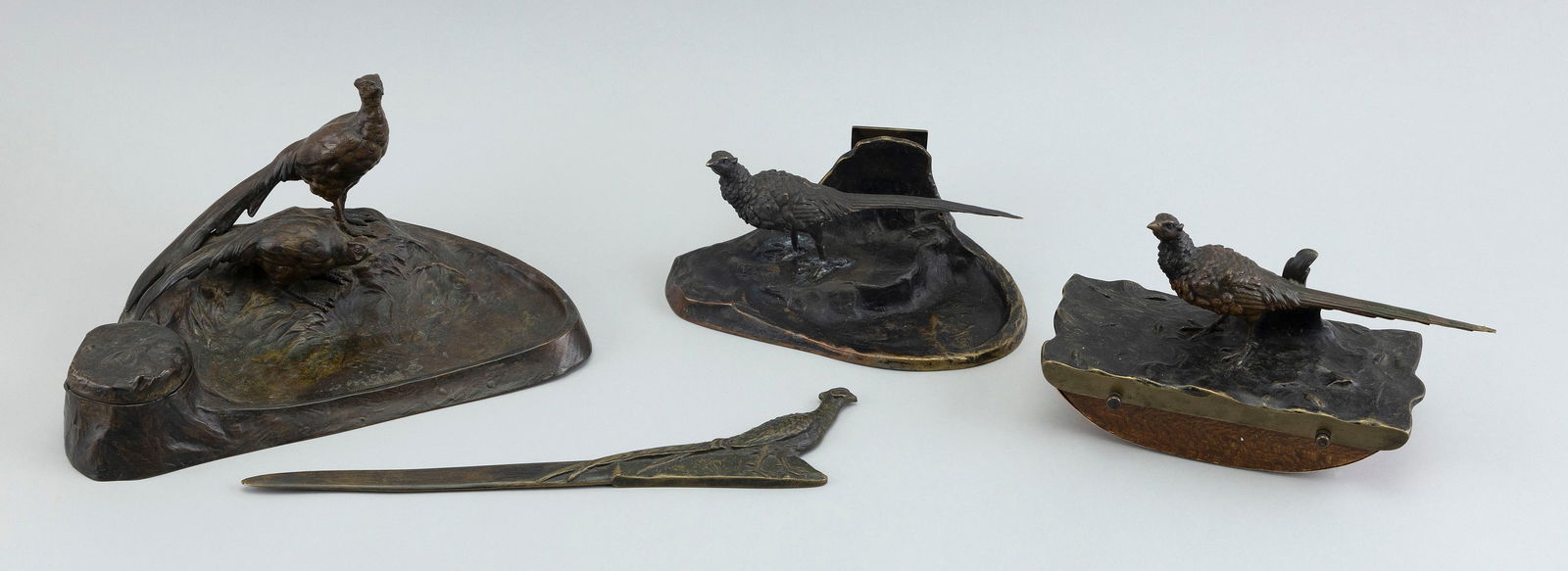 AUSTRIAN BRONZE FOUR-PIECE DESK SET IN A PHEASANT MOTIF Late 19th/Early 20th Century Heights to (1 of 1)