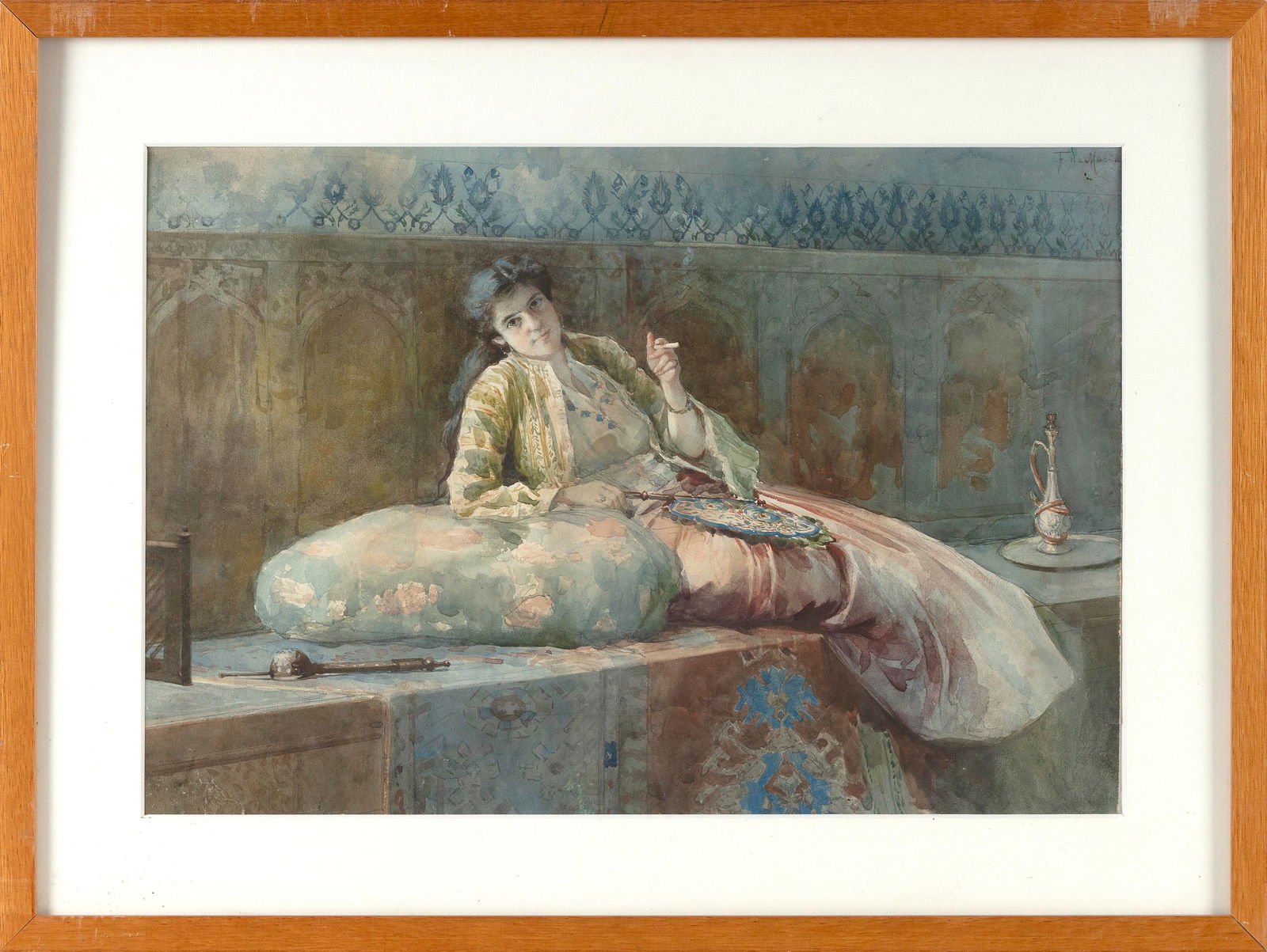 ATTRIBUTED TO VINCENZO LORIA (Italy, 1849-1939), A woman smoking a cigarette., Watercolor on paper, (1 of 2)