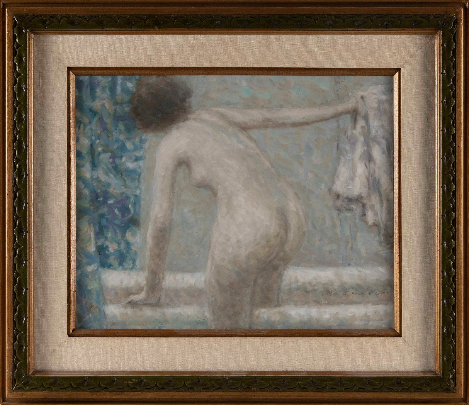 ANDRE (GITTELSON) GISSON (New York/Connecticut/France, 1921-2003), Nude preparing for a bath., Oil: ANDRE (GITTELSON) GISSON New York/Connecticut/France, 1921-2003 Nude preparing for a bath. Signed lower right "Gisson". Oil on canvas, 20î x 16.5î. Framed 29î x 25î.