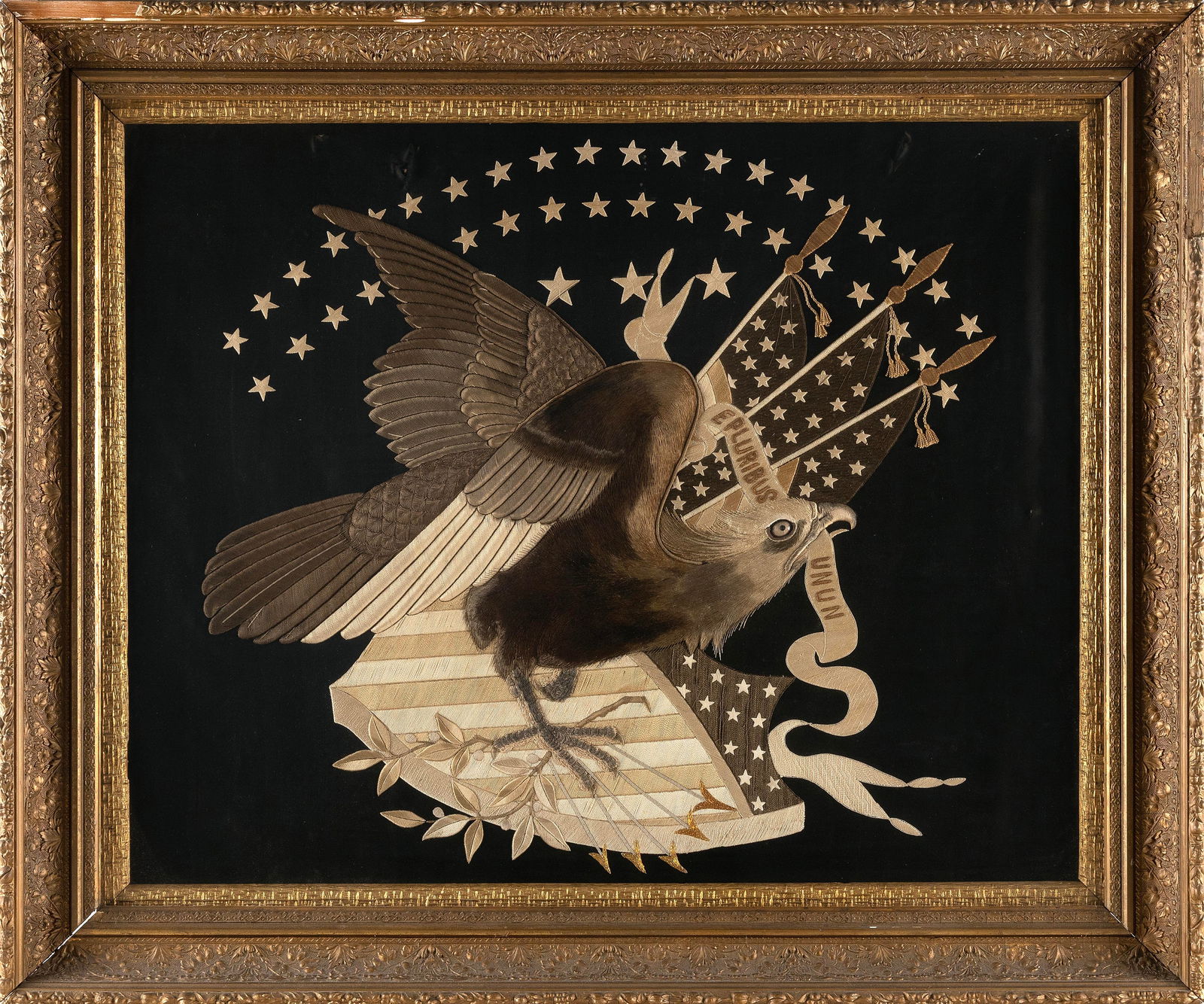 CHINESE EXPORT NEEDLEWORK WITH PATRIOTIC DESIGNS Late 19th Century 25î x 31î. Framed (1 of 2)