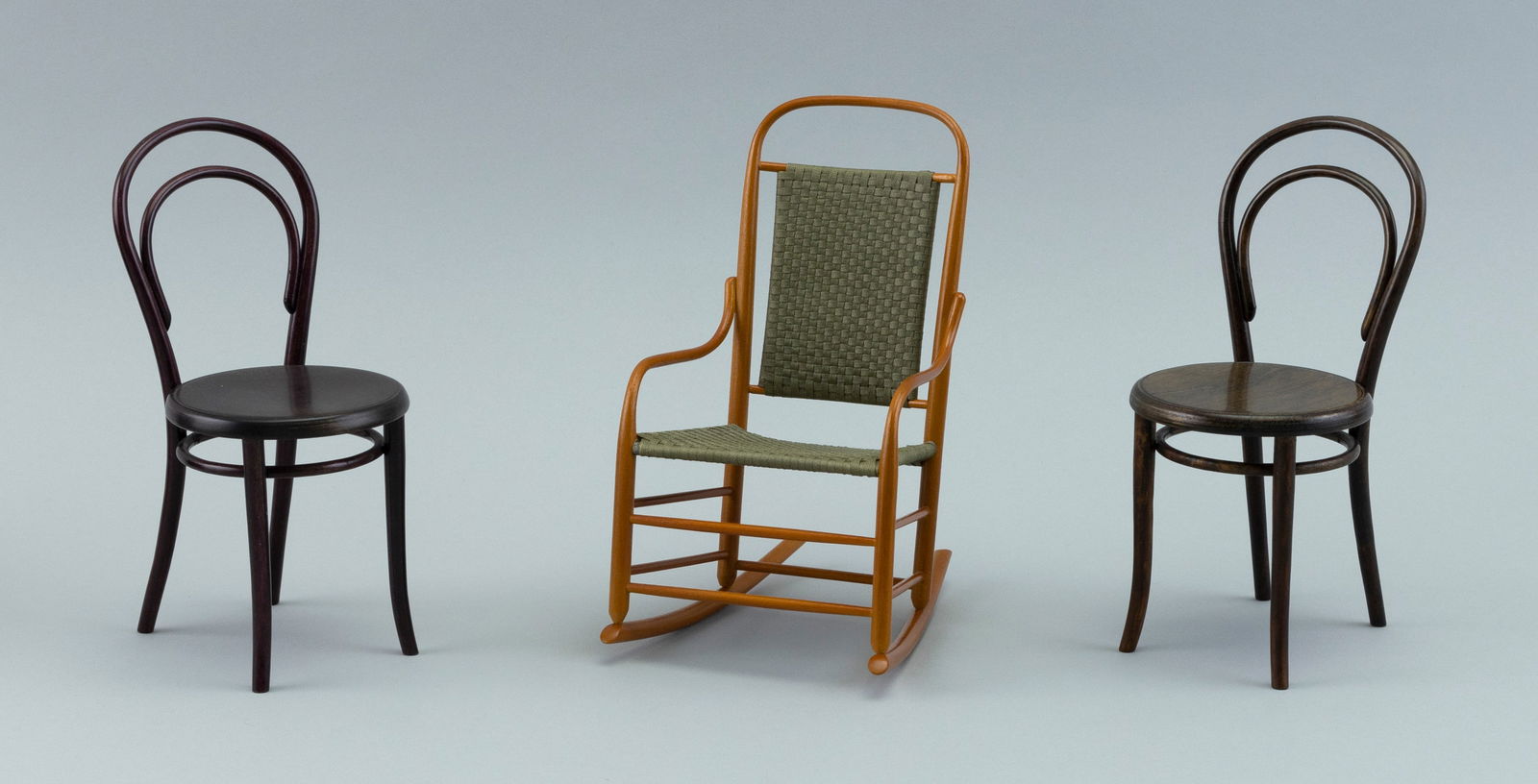THREE VITRA DESIGN MUSEUM MINIATURE CHAIRS 19th Century Heights 6î.: THREE VITRA DESIGN MUSEUM MINIATURE CHAIRS19th Century1-2) Pair of Michael Thonet & Sˆhne "No. 14 / Consumer" in beechwood with stain and lacquer.2) Grove M. Harwood and Robert Wood "Shaker Commu