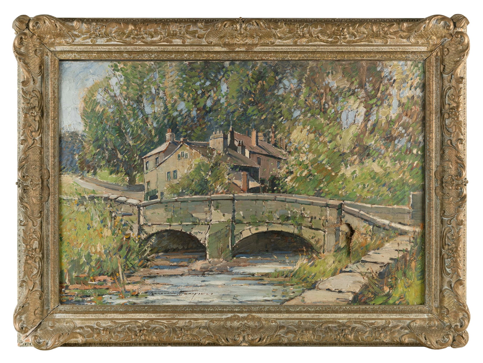 KERSHAW SCHOFIELD (England, 1872-1941), Village bridge., Oil on canvas, 20î x 30î. Framed: KERSHAW SCHOFIELD England, 1872-1941 Village bridge. Signed lower left ìKershaw Schofieldî. Oil on canvas, 20î x 30î. Framed 26.5î x 36.5î.