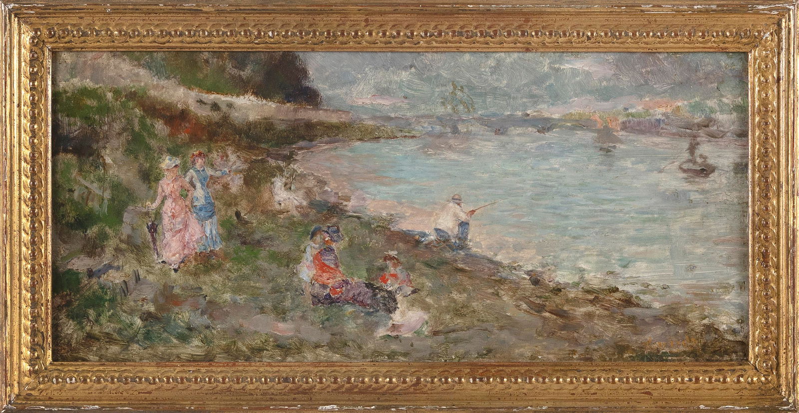 AMERICAN SCHOOL (Early 20th Century,), Impressionistic shore scene with a fisherman and ladies., Oil (1 of 2)