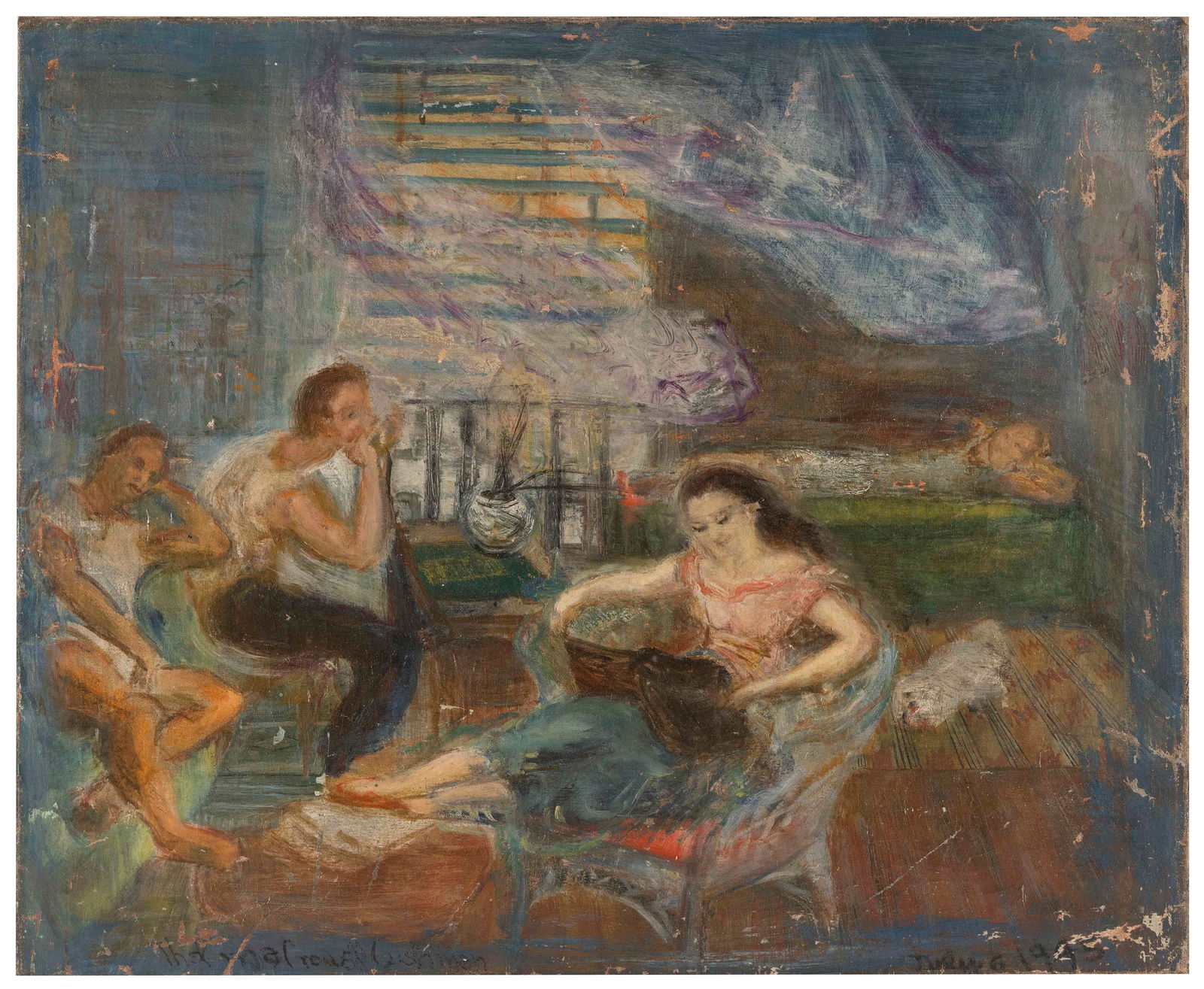AMERICAN SCHOOL (20th Century,), Interior scene with figures., Oil on canvas, 22" x 26". Unframed. (1 of 2)