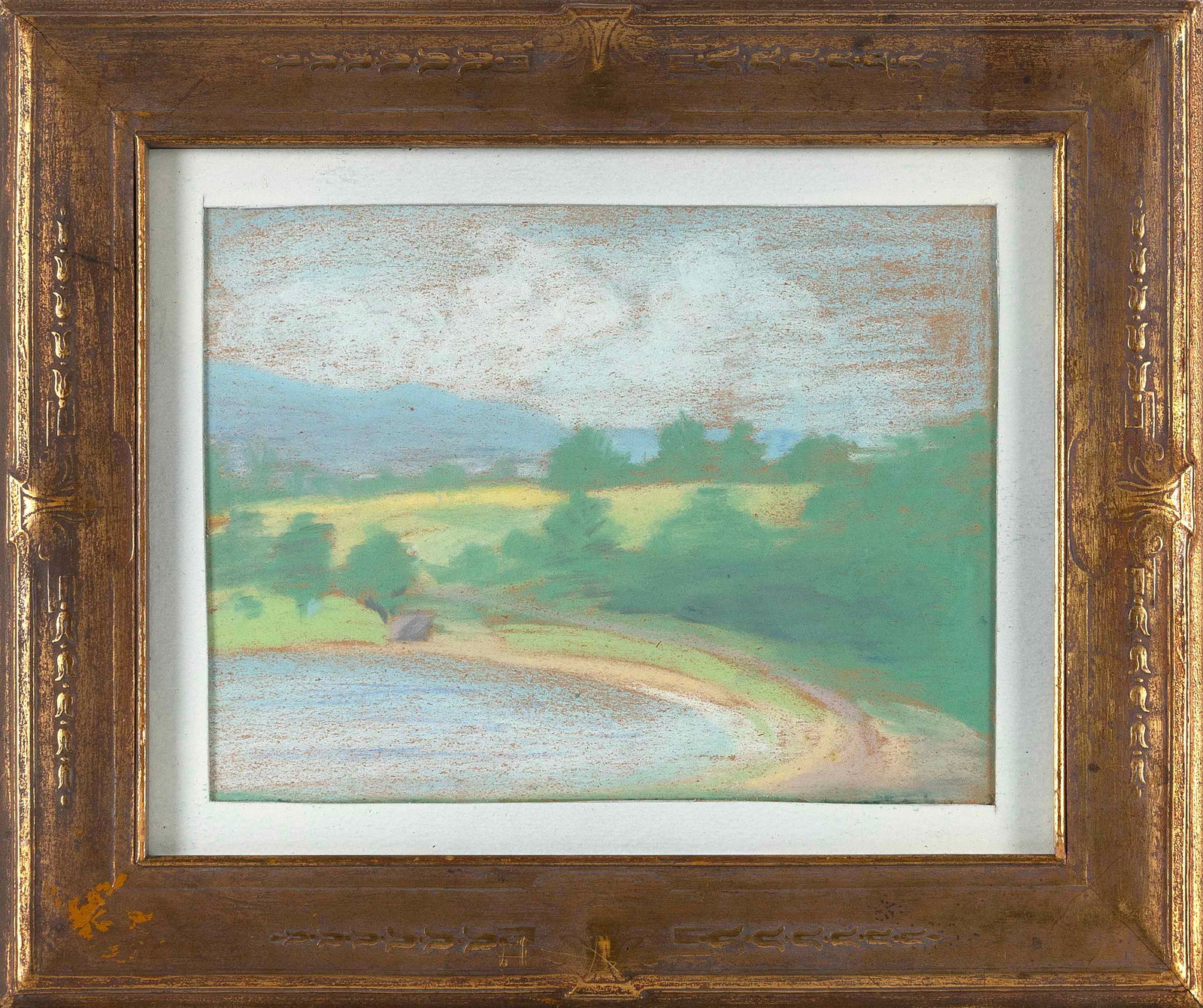 L.E. HUOGHKIRK , "New Hampshire, 1943"., Pastel 6" x 8". Framed 10" x 12".: L.E. HUOGHKIRK "New Hampshire, 1943". Written signature on back. Pastel 6" x 8". Framed 10" x 12".