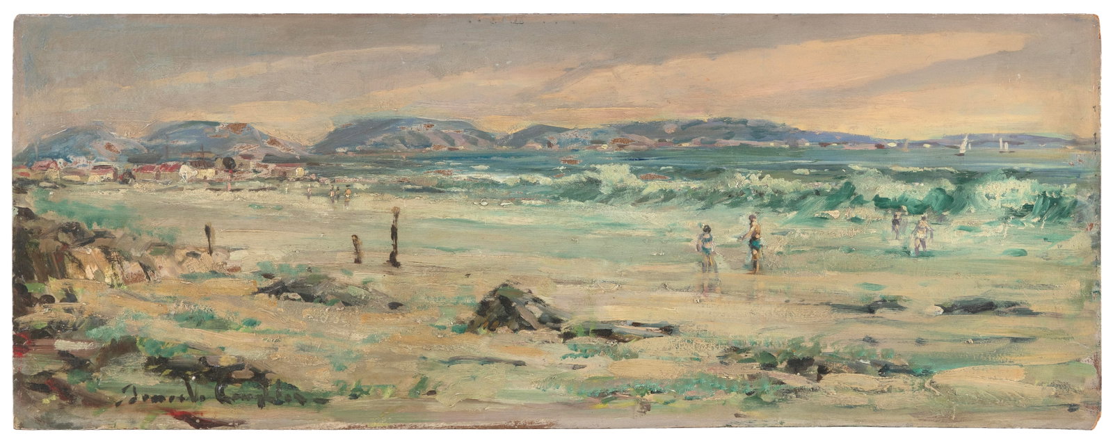 EDGARDO COGHLAN (Mexico, 1928-1995), Beach scene., Oil on board, 10" x 26". Unframed.: EDGARDO COGHLAN Mexico, 1928-1995 Beach scene. Signed lower left "Edgardo Coghlan". Oil on board, 10" x 26". Unframed.