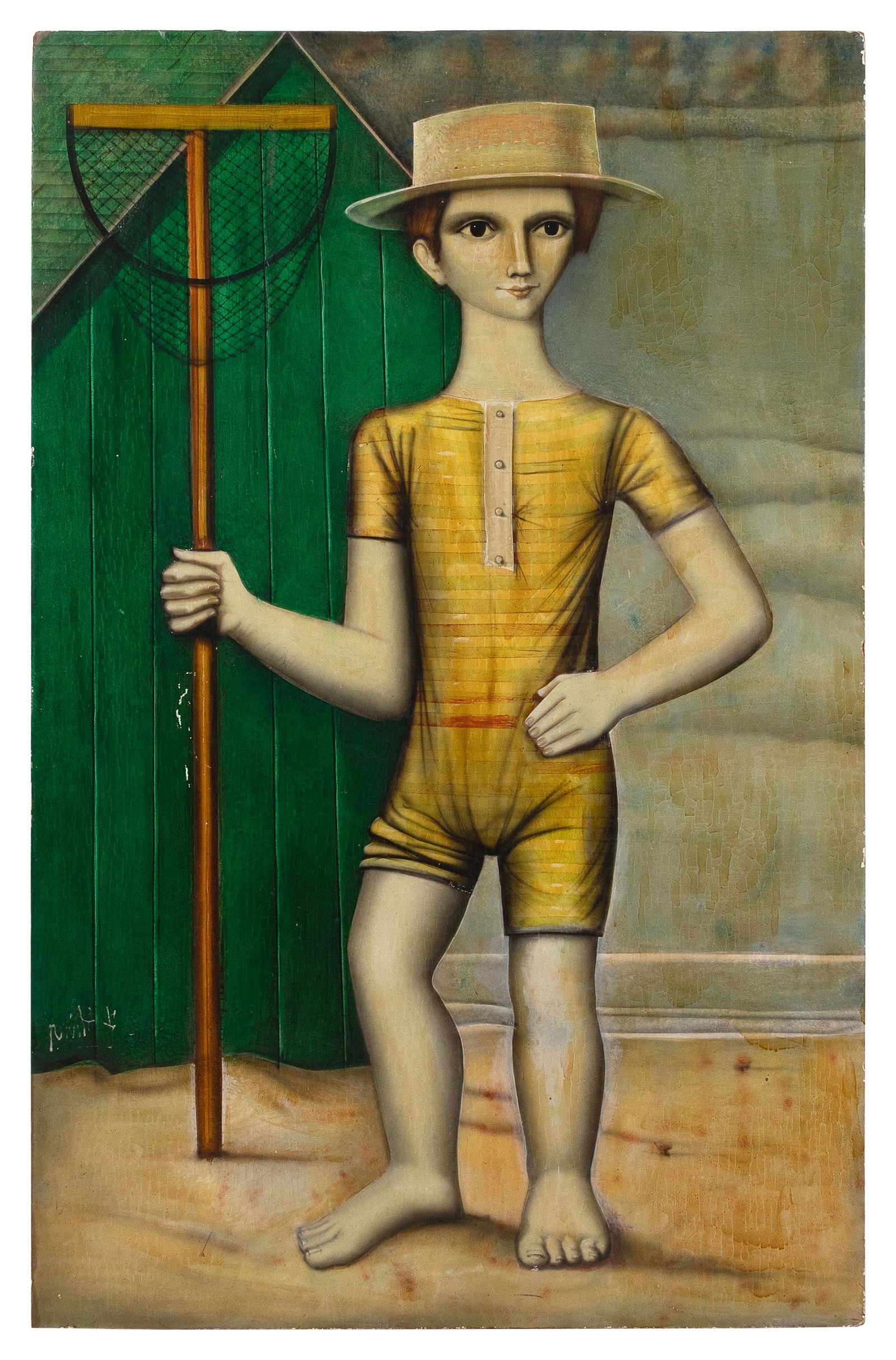 PRIMITIVE-STYLE PAINTING OF A FRENCH CLAMMER 20th Century 46.5î x 30î. Unframed. (1 of 2)