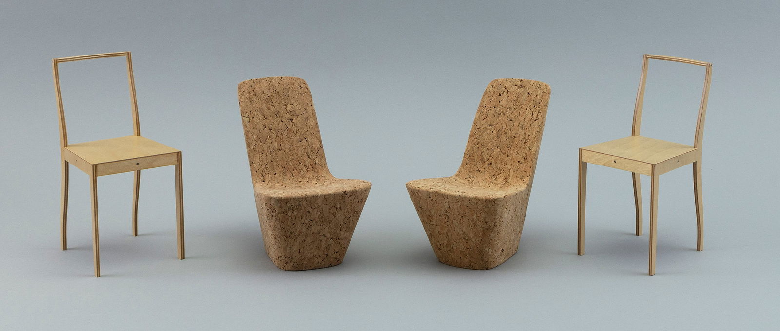 FOUR VITRA DESIGN MUSEUM JASPER MORRISON MINIATURE CHAIRS London, 1959- Heights from 4.5î to: FOUR VITRA DESIGN MUSEUM JASPER MORRISON MINIATURE CHAIRSLondon, 1959-1-2) Two "Plywood Chairs" (1989) in laminated wood with natural color.3-4) Two "Cork Chairs" (2007) in cork.All include original c