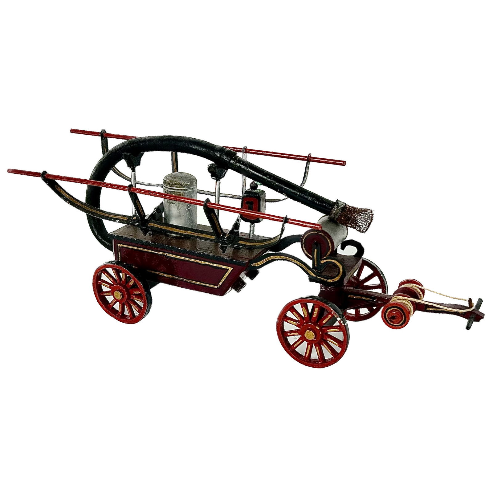 CARVED WOODEN MODEL OF A 19TH CENTURY HORSE-DRAWN FIRE PUMPER 20th Century Height 5.25". Length 13". (1 of 4)