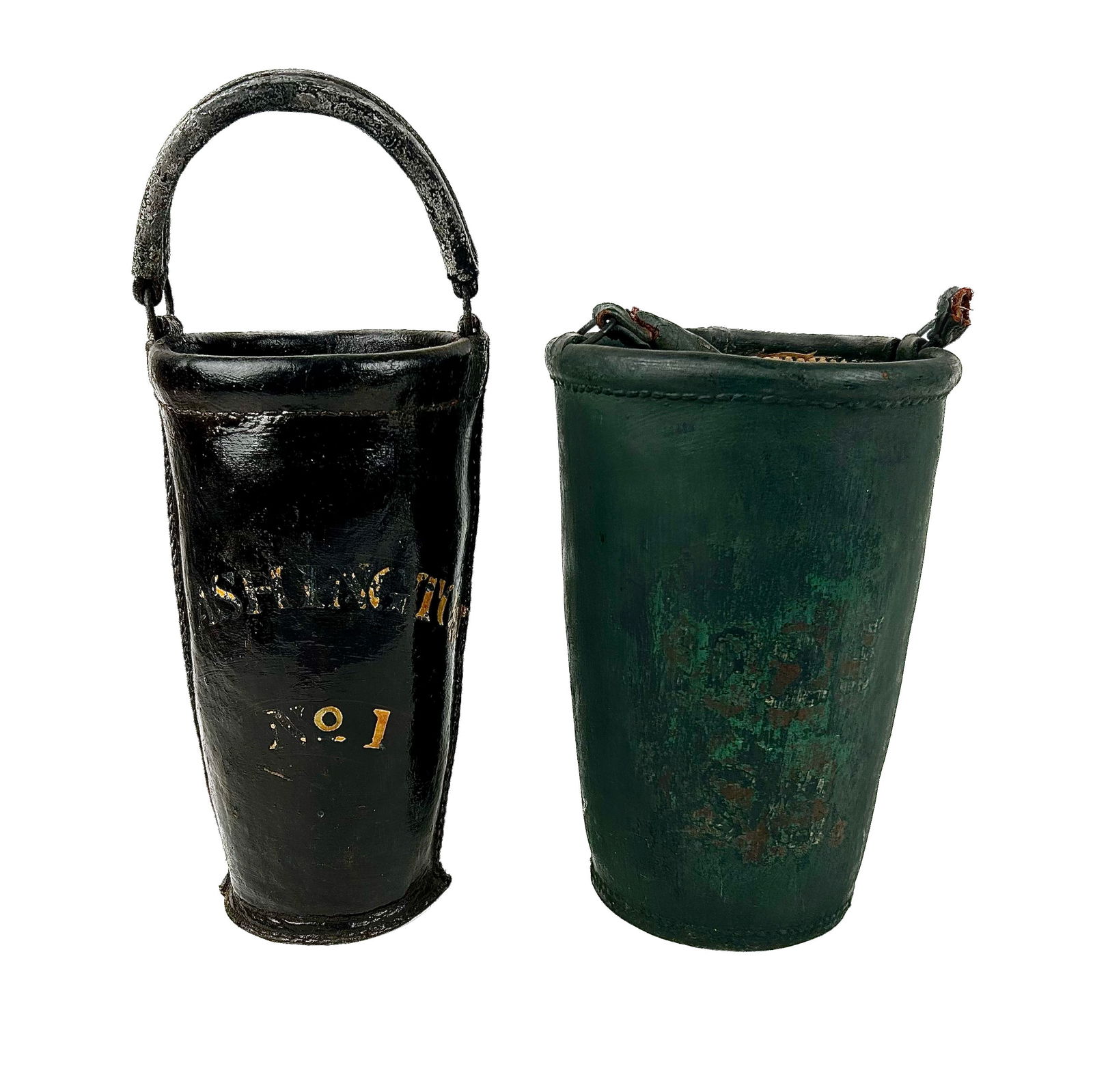 TWO LEATHER FIRE BUCKETS 19th Century Heights 12.5" to 13.5". (1 of 1)