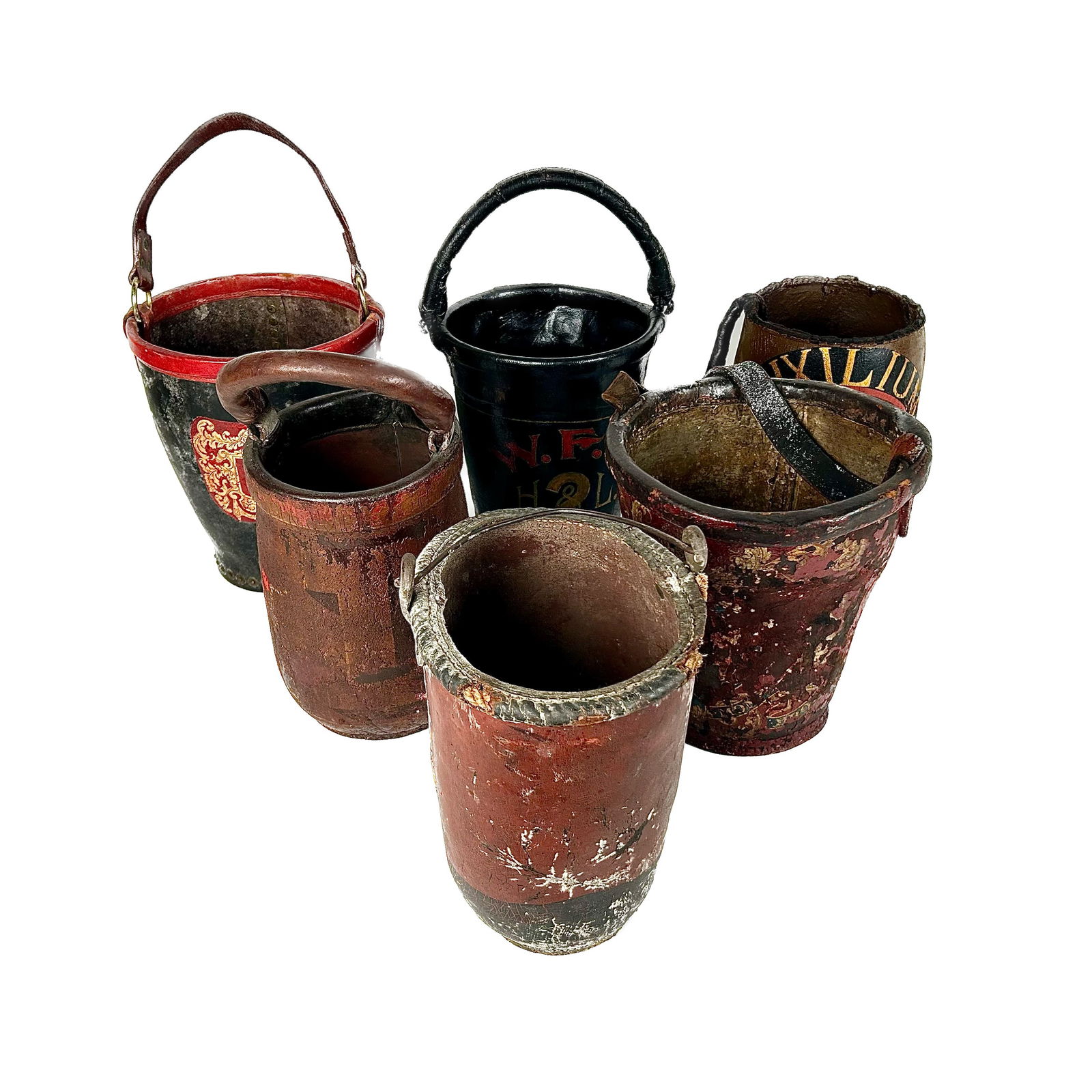 SIX LEATHER FIRE BUCKETS 19th/20th Century Heights from 11" to 12". (1 of 3)