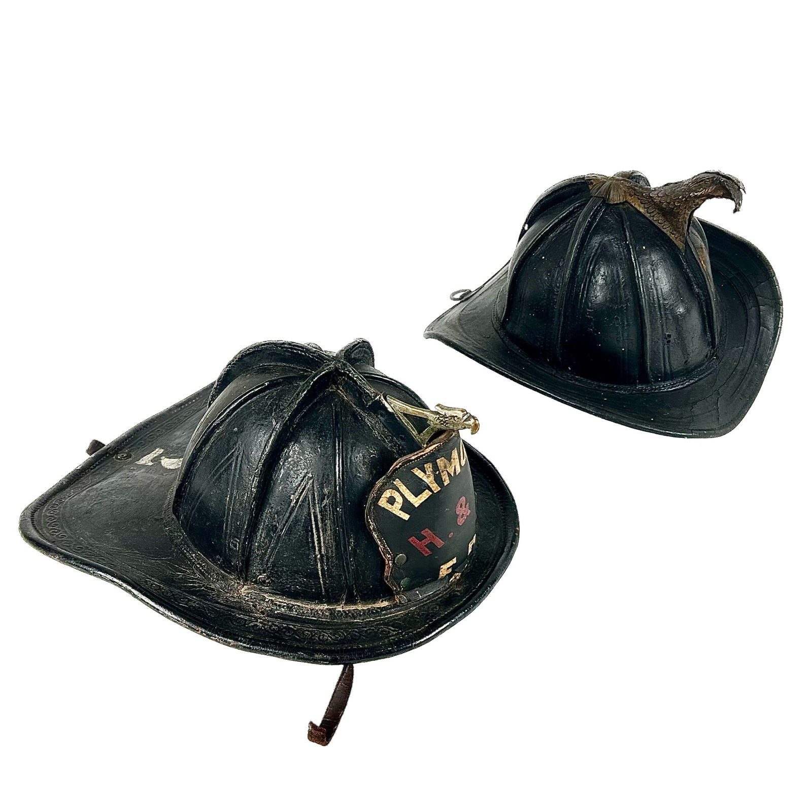 TWO LEATHER FIRE HELMETS 19th Century Lengths 13". (1 of 6)