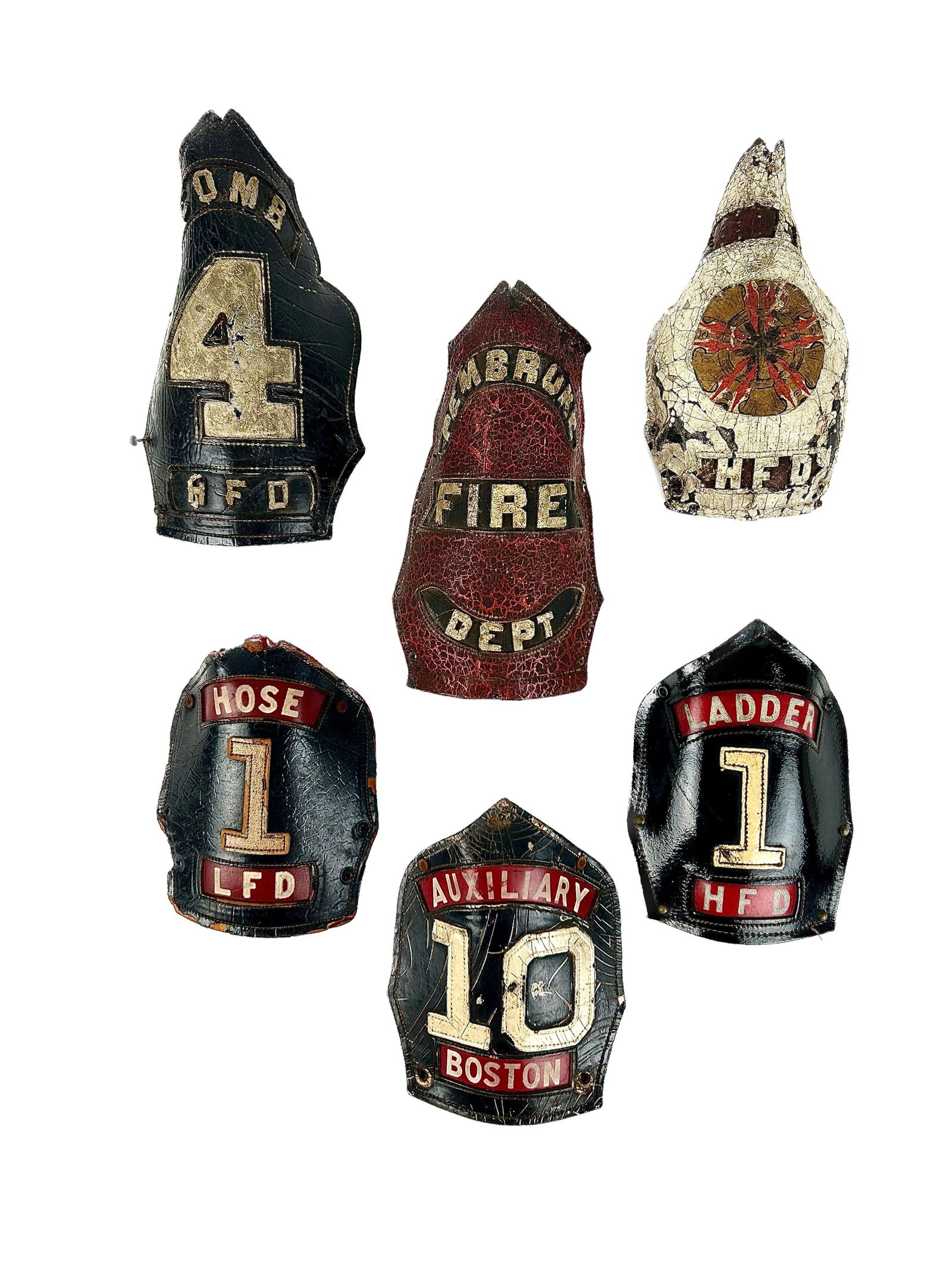 SIX LEATHER FIRE HELMET PLAQUES 19th/20th Century Heights from 6" to 8". (1 of 7)