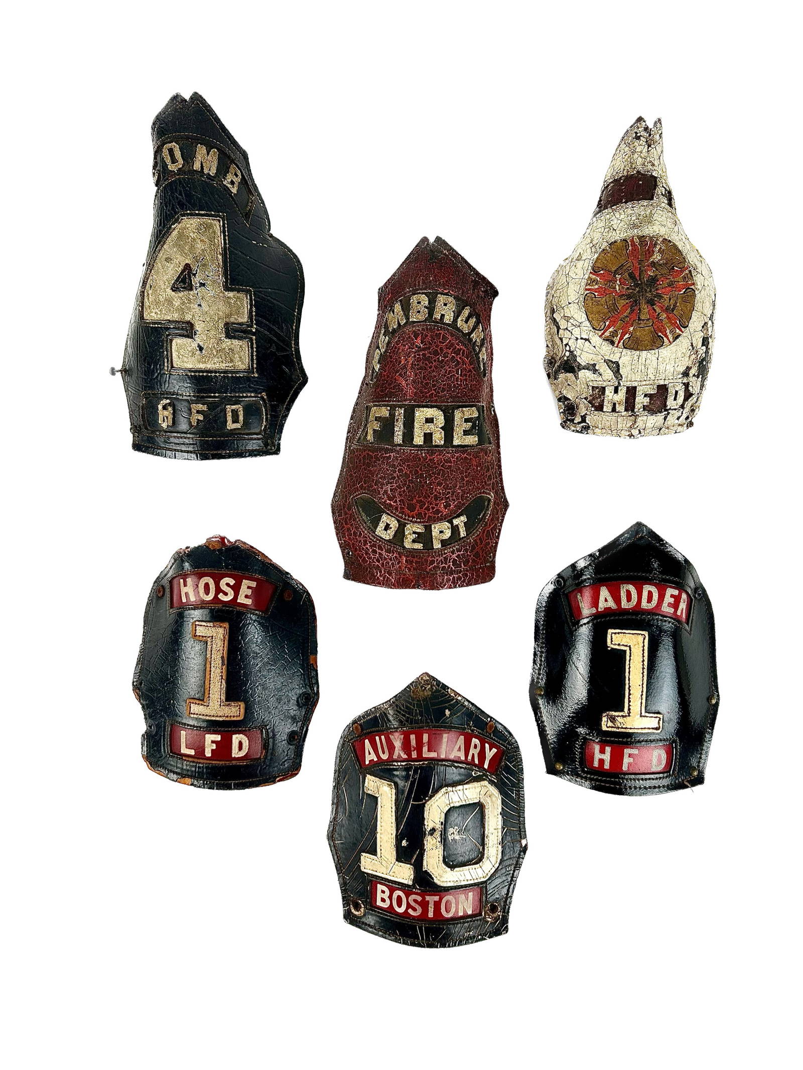 Six Leather Fire Helmet Plaques 19th/20th Century Heights From 6" To 8