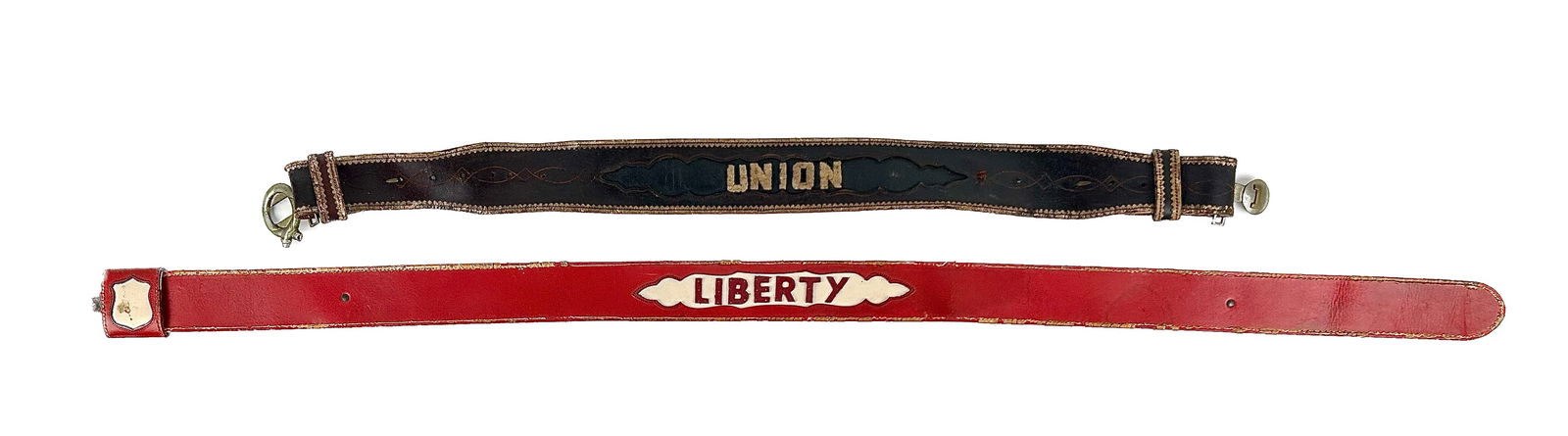 THREE LEATHER FIRE BELTS 19th/20th Century Lengths from 6.5" to 54". (1 of 5)