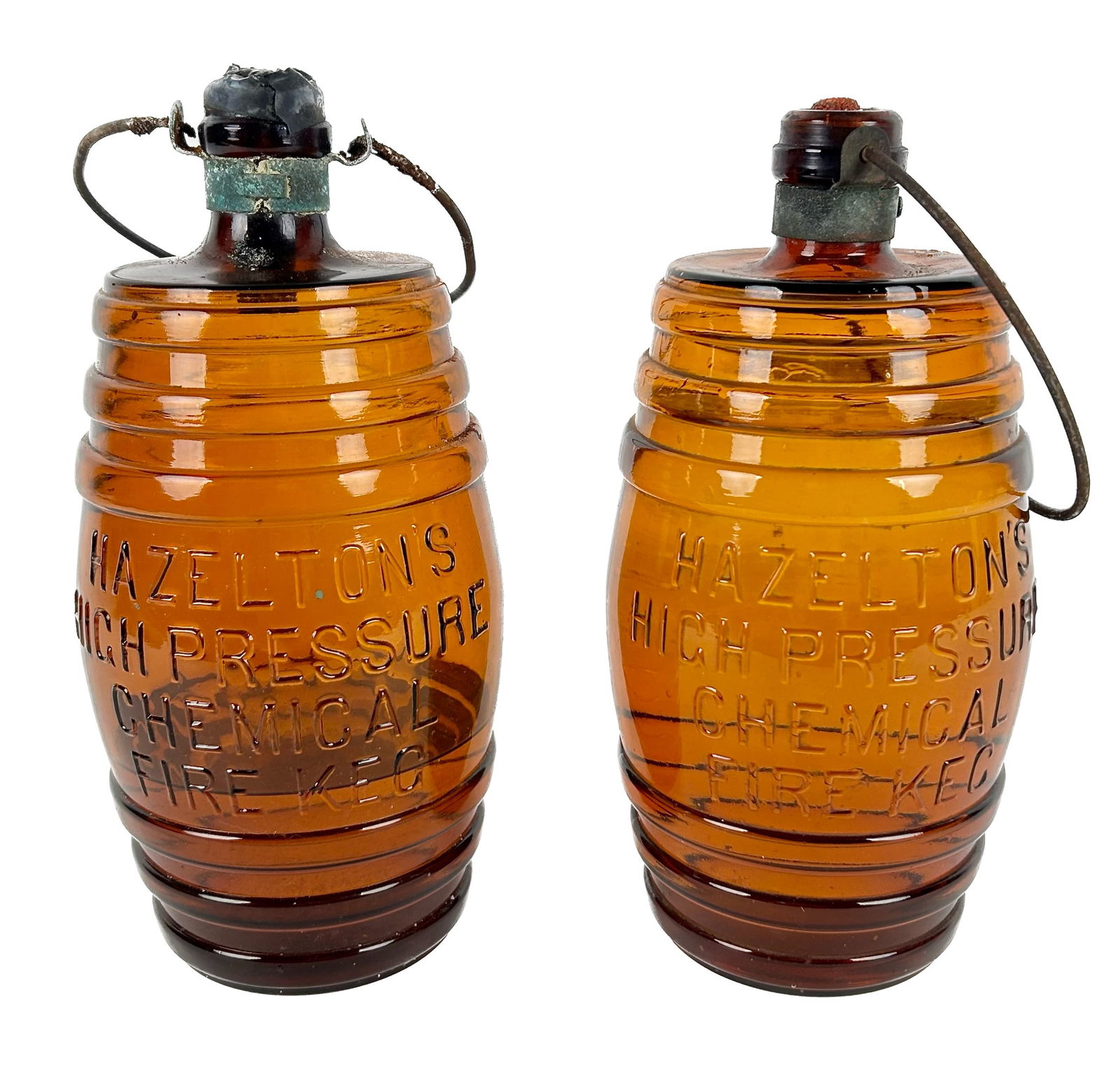 TWO HAZELTON'S HIGH PRESSURE AMBER GLASS FIRE KEGS 19th Century Heights 12". (1 of 1)