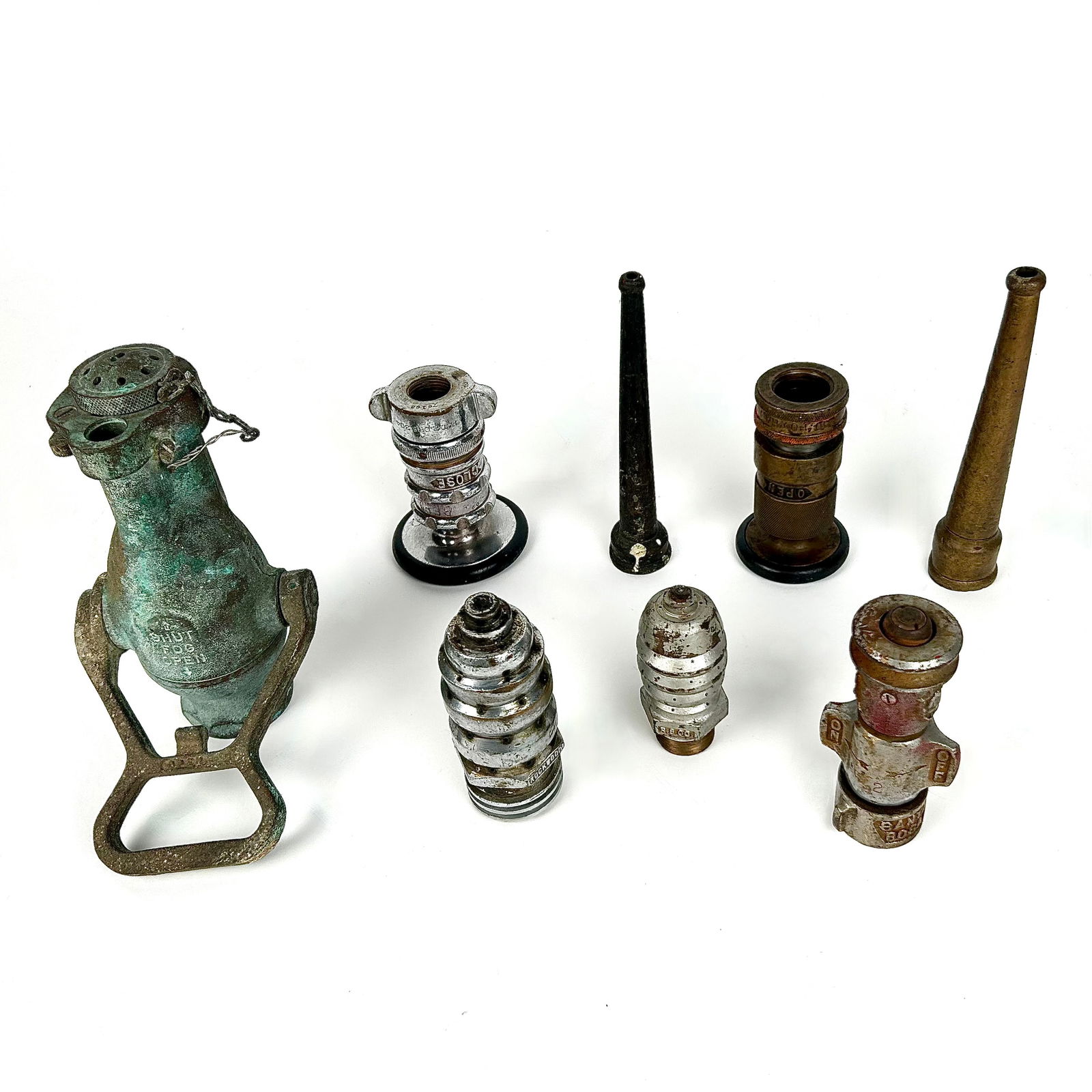 EIGHT METAL FIRE NOZZLES 19th/20th Century Lengths from 5" to 11". (1 of 4)