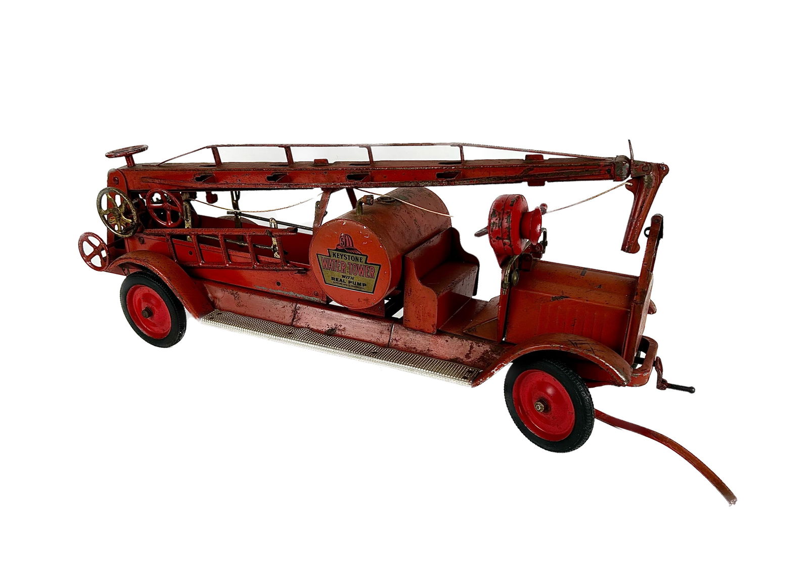 KEYSTONE PRESSED STEEL WATER TOWER TRUCK TOY Early 20th Century Length 30". (1 of 4)