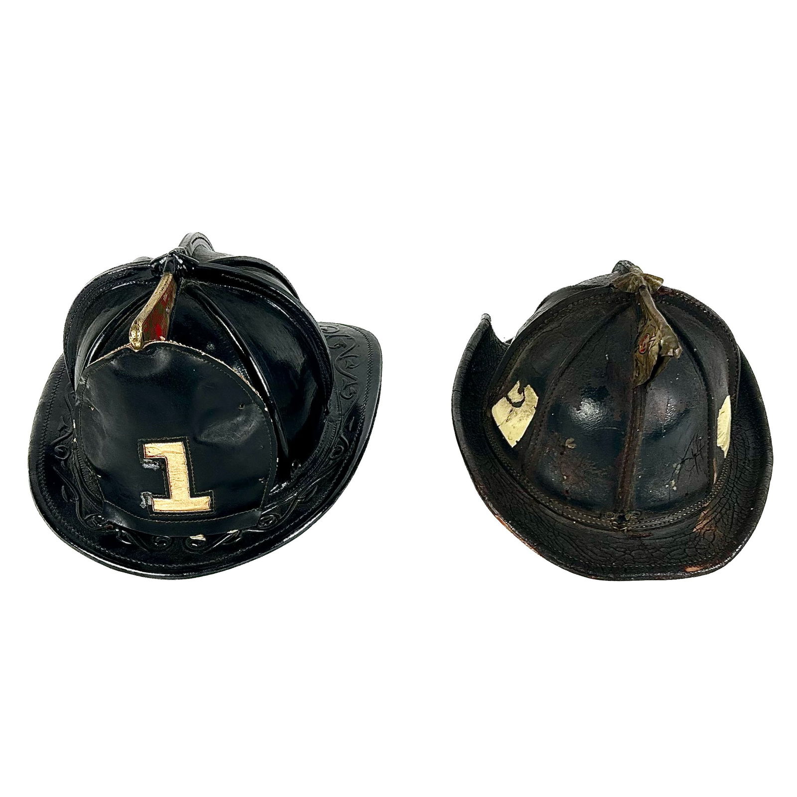 TWO CAIRNS & BROTHER LEATHER FIRE HELMETS 20th Century Lengths 14.5". (1 of 6)