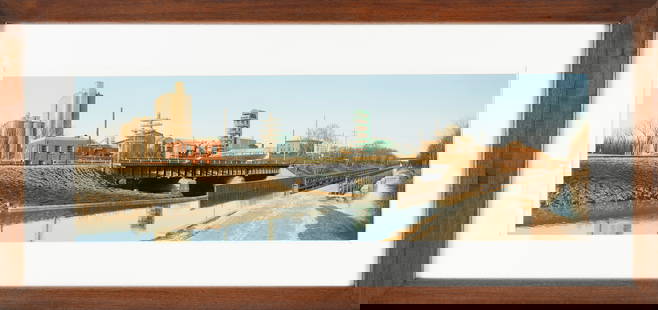 RANDY DUDLEY (Illinois, 1950-), "Three Bridges and an Aqueduct Crossing Little Vermillion"., Oil on: RANDY DUDLEYIllinois, 1950-"Three Bridges and an Aqueduct Crossing Little Vermillion". Signed and dated lower right "Dudley ‘94”.Oil on board, 10" x 31.25". Framed 19" x 40". Provenance:OK
