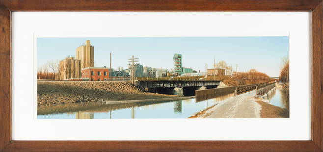 RANDY DUDLEY (Illinois, 1950-), "Three Bridges and an Aqueduct Crossing Little Vermillion"., Oil on: RANDY DUDLEY Illinois, 1950- "Three Bridges and an Aqueduct Crossing Little Vermillion". Signed and dated lower right "Dudley ‘94”. Oil on board, 10" x 31.25". Framed 19" x 40". 