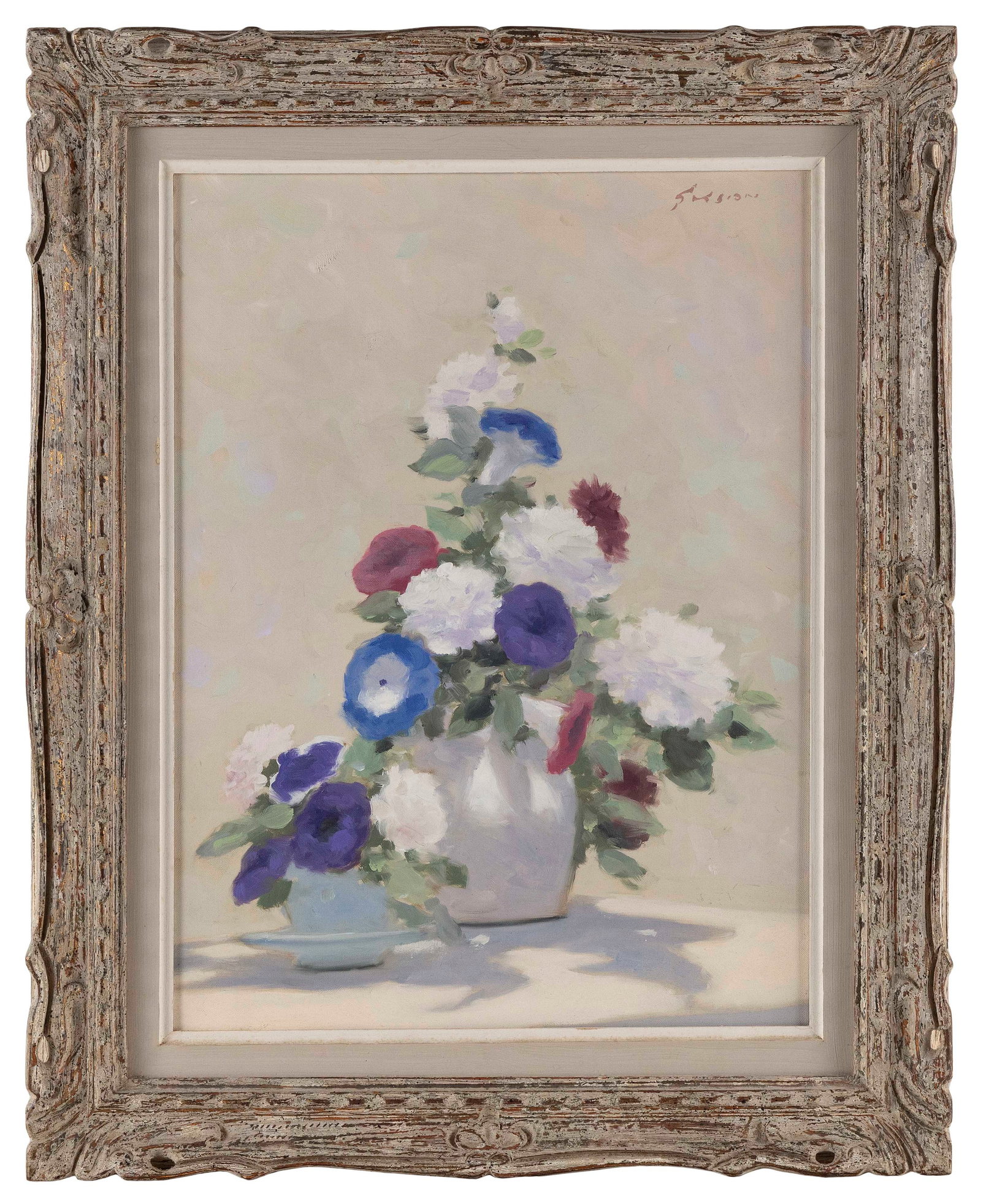 ANDRE (GITTELSON) GISSON (New York/Connecticut/France, 1921-2003), Still life of petunias and other: ANDRE (GITTELSON) GISSON New York/Connecticut/France, 1921-2003 Still life of petunias and other flowers. Signed upper right "Gisson". Oil on canvas, 15.5” x 11.5". Framed 20.5” x 16.5R