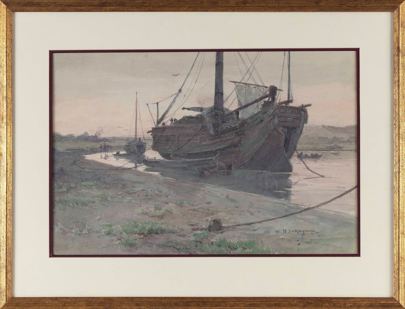 HACHIRO NAKAGAWA (Massachusetts/Japan, 1877-1922), Sailing ship on shore., Watercolor on paper, (1 of 2)