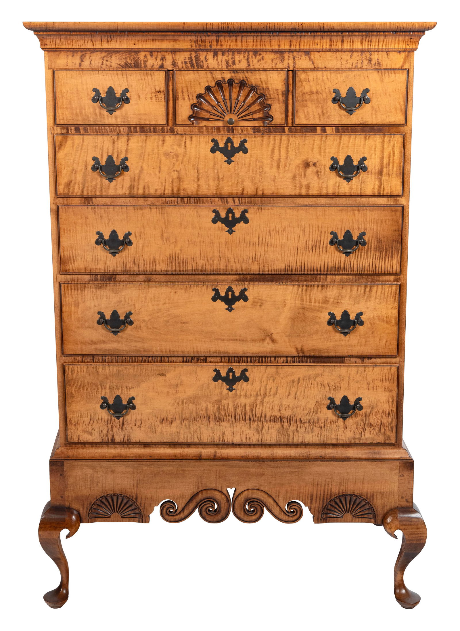 D.R. DIMES DUNLAP QUEEN ANNE-STYLE CHEST-ON-FRAME New Hampshire, 20th Century Height 56.5”. (1 of 3)