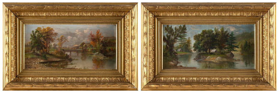 DANIEL CHARLES GROSE (New York/Canada, 1838-1900), Pair of landscapes, Oils on canvas, 8.25" x: DANIEL CHARLES GROSENew York/Canada, 1838-1900Pair of landscapes, one depicting camping by a riverside and the other a bridge.Oils on canvas, 8.25" x 16.25". Framed 15" x 23.5". Notes:Daniel Charles G