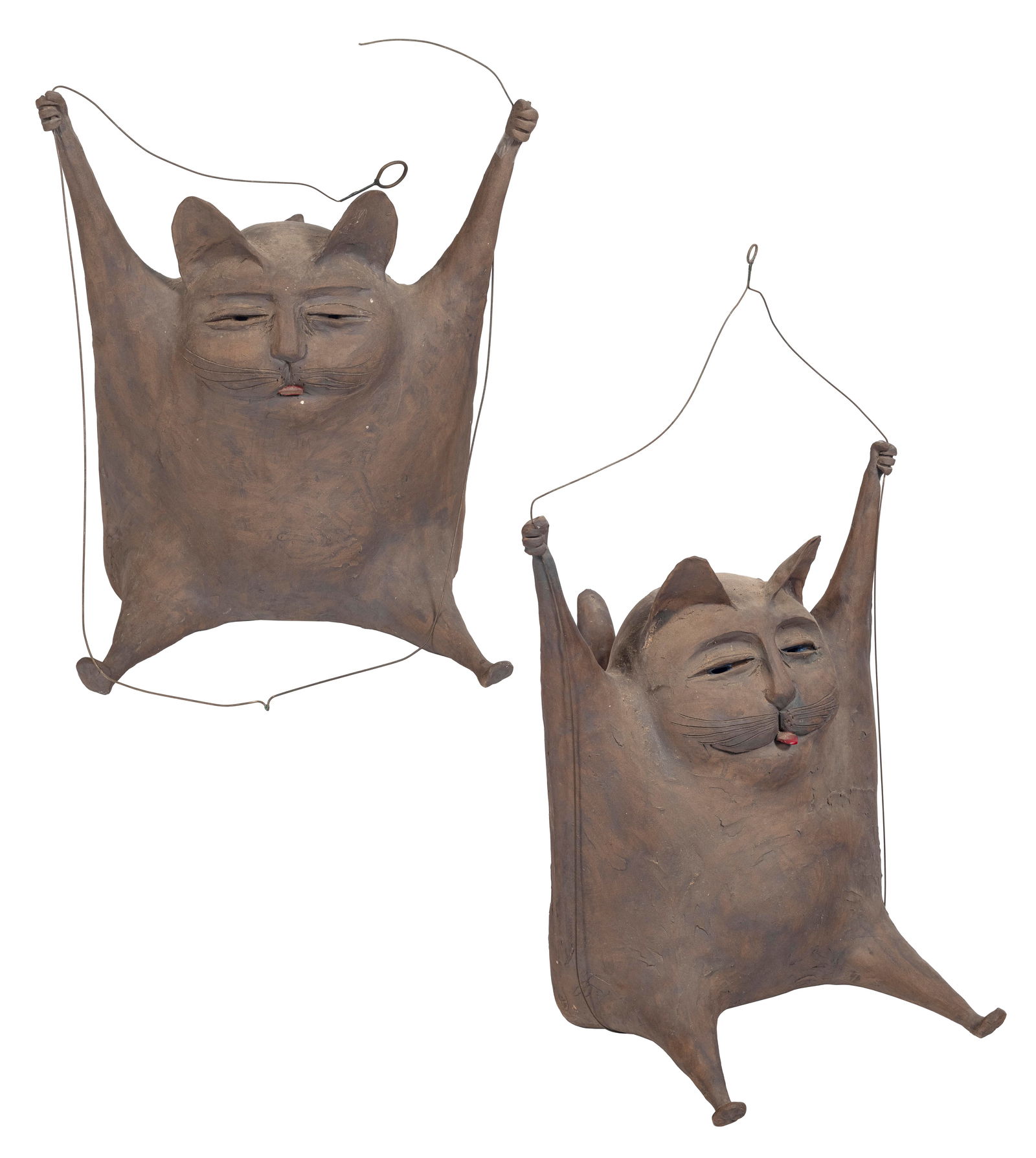AL DAVIS (Massachusetts, Contemporary), Two swinging cats., Ceramic and wire, heights 19” and (1 of 5)