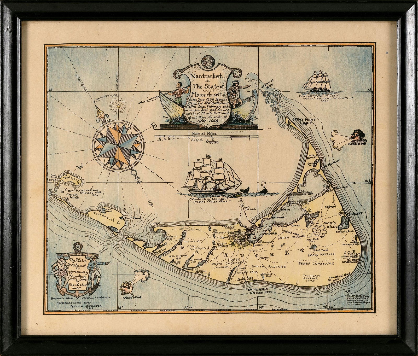 AUSTIN STRONG (America, 1881-1952), Printed map of Nantucket., 13.5” x 15.5”. Framed (1 of 2)