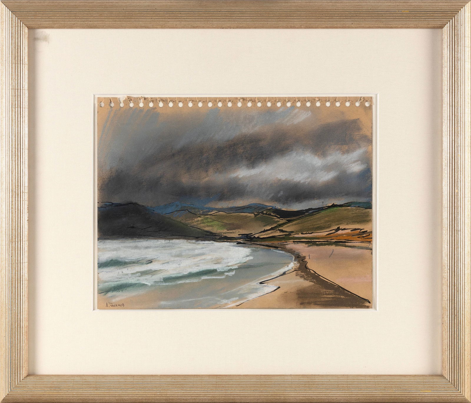 ANNE PACKARD (New Jersey/Massachusetts, 1933-), "Stormy Beach"., Pastel on sketch paper, 10.5" x: ANNE PACKARDNew Jersey/Massachusetts, 1933-"Stormy Beach". Signed lower right "A. Packard". Titled and dated 1994 on label for SoNo Gallerie, Norwalk, Connecticut.Pastel on sketch paper, 10.5" x 14".