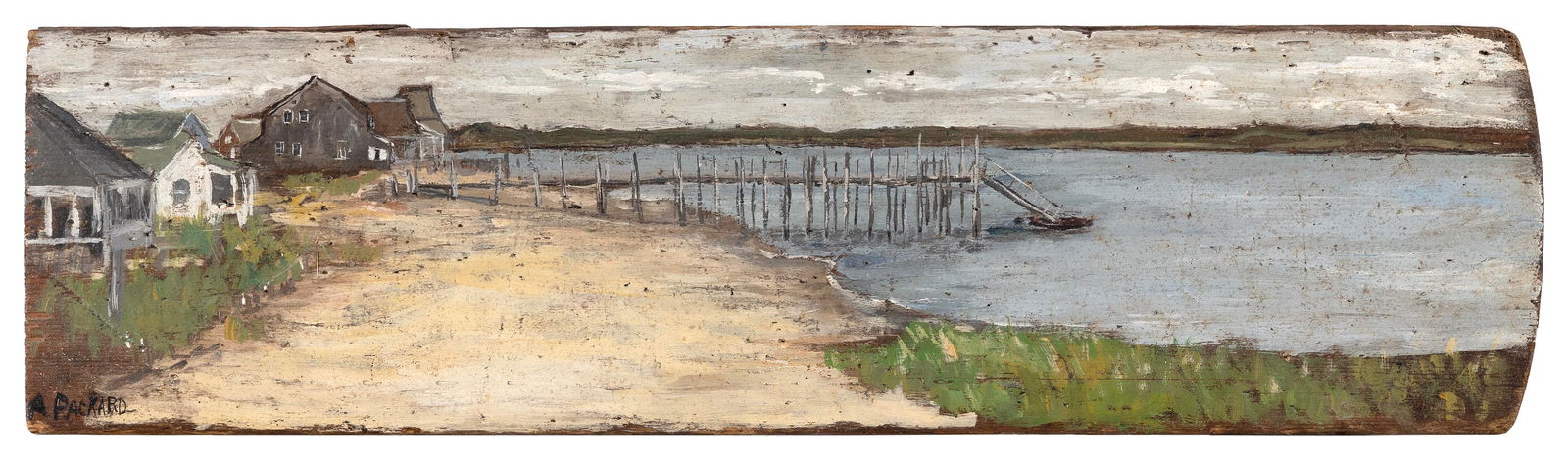 ANNE PACKARD (New Jersey/Massachusetts, 1933-), Sandy Neck vista., Oil on driftwood panel, 31”: ANNE PACKARDNew Jersey/Massachusetts, 1933-Sandy Neck vista. Signed lower left "A. Packard". Signed and dated "Anne Packard August '67" verso.Oil on driftwood panel, 31” x 9”. Unframed. Pr