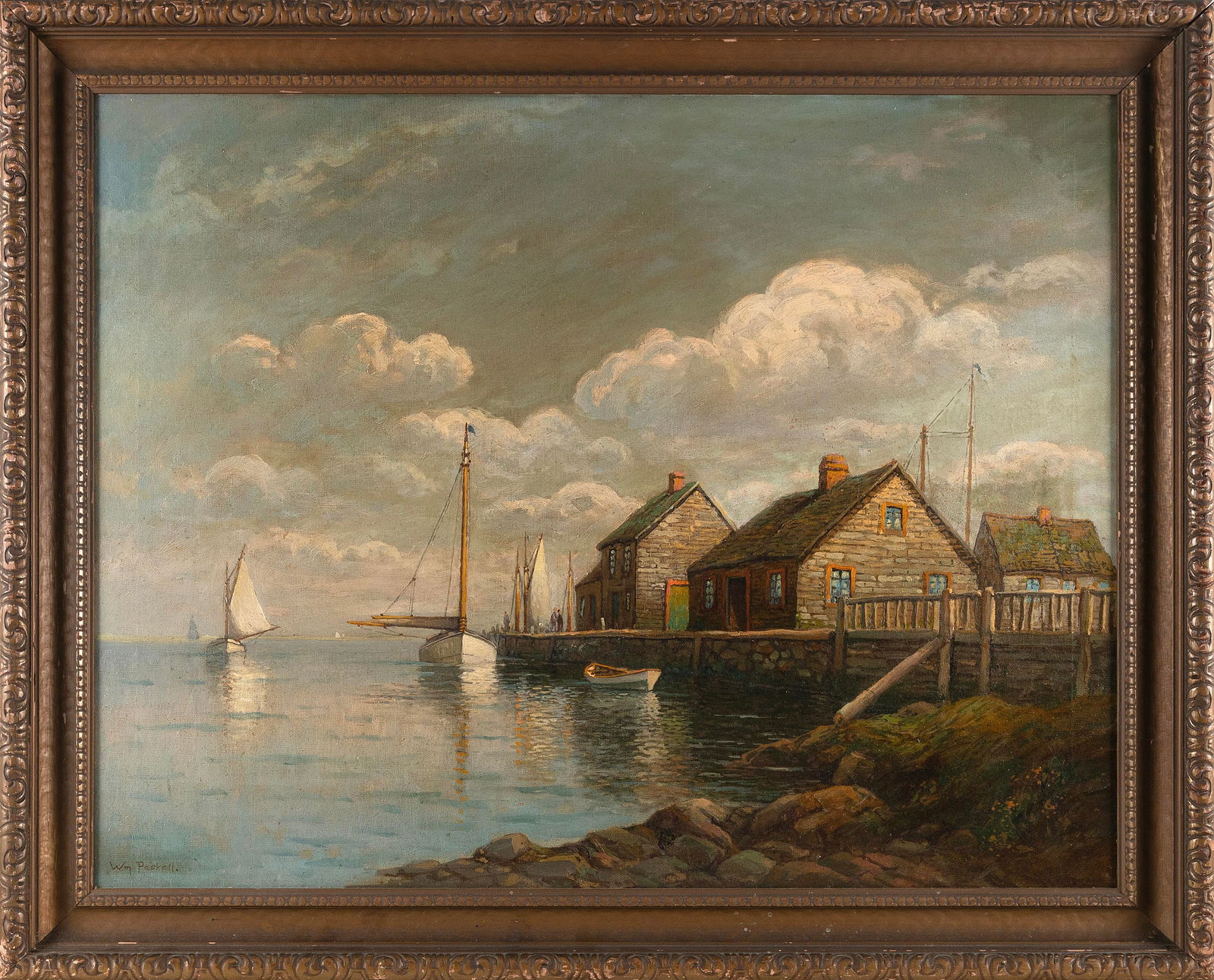 ATTRIBUTED TO WILLIAM FREDERICK PASKELL (Massachusetts, 1866-1951), Dock scene with sailboats and: ATTRIBUTED TO WILLIAM FREDERICK PASKELLMassachusetts, 1866-1951Dock scene with sailboats and buildings. Signed lower left.Oil on canvas, 27.5” x 35.5” sight. Framed 33.5” x 41.5̶