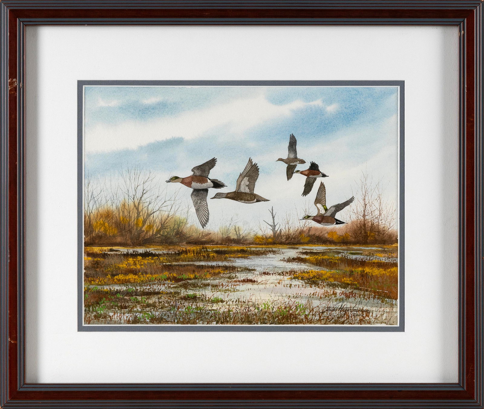 DAVID HAGERBAUMER (California/Illinois, 1921-2014), "Baldpates Low Over the Marsh"., Watercolor on (1 of 3)