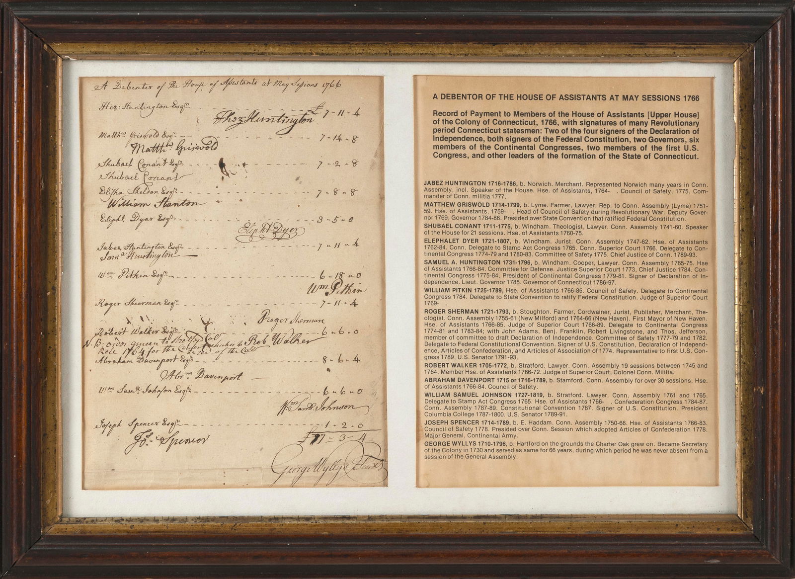 CONNECTICUT PRE-REVOLUTIONARY WAR SIGNED DOCUMENT Dated 1766 9.5" x 7" sight. Framed 13.5" x 19". (1 of 2)