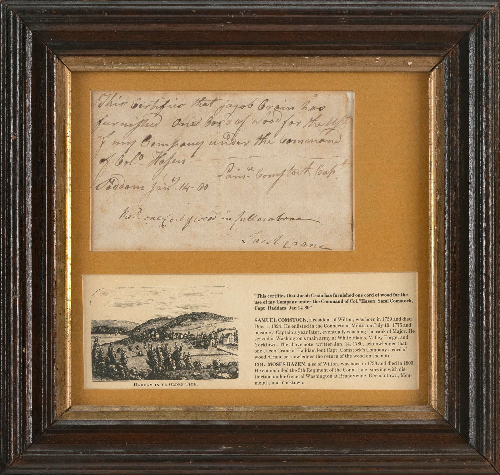 REVOLUTIONARY WAR-ERA HANDWRITTEN DOCUMENT Dated 1780 4" x 6.5" sight. Framed 12" x 12". (1 of 2)