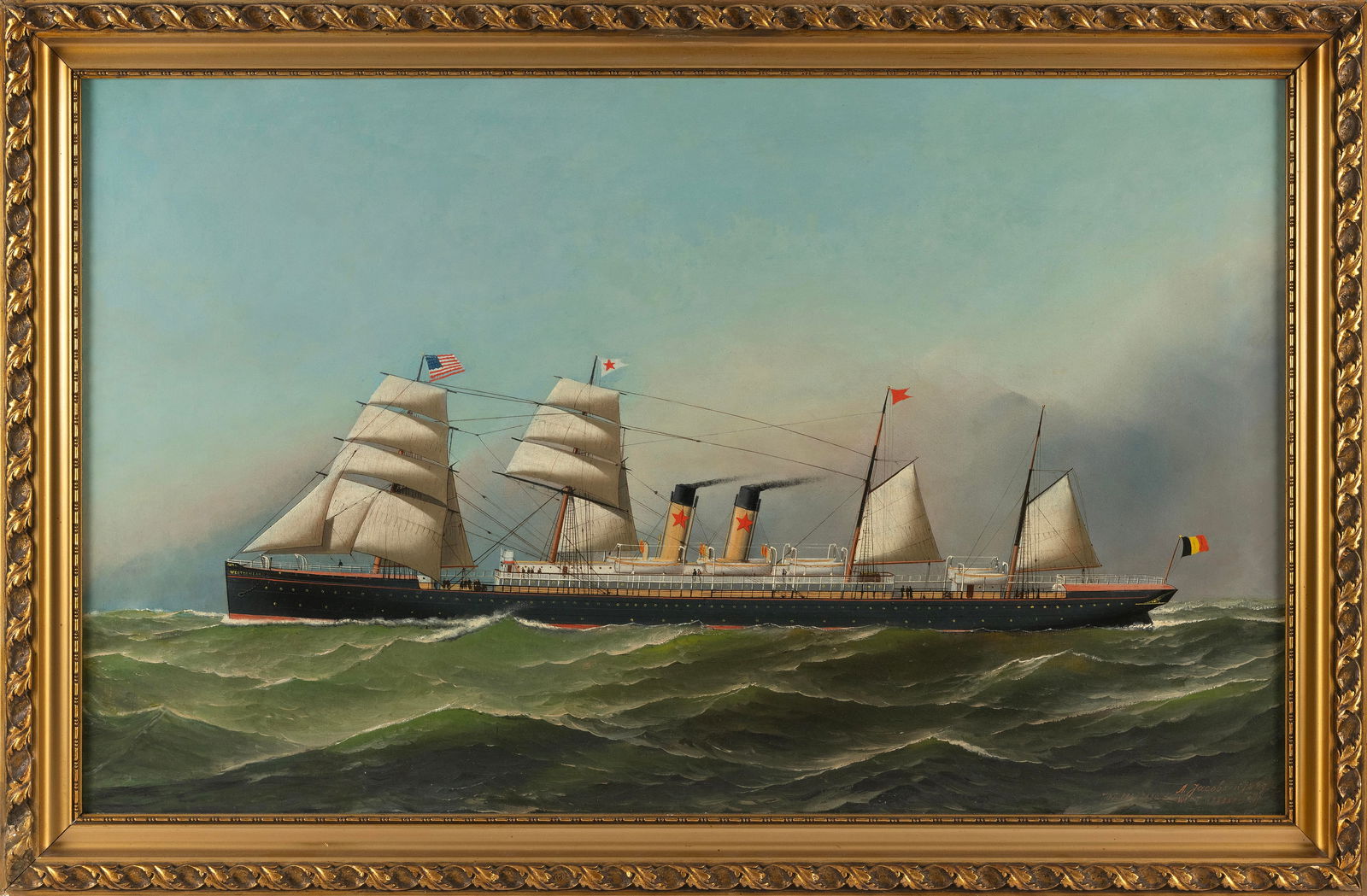 ANTONIO NICOLO GASPARO JACOBSEN (New York/New Jersey/Denmark, 1850-1921), The screw-steamer: ANTONIO NICOLO GASPARO JACOBSENNew York/New Jersey/Denmark, 1850-1921The screw-steamer Westernland. Signed and dated lower right "Antonio Jacobsen 1887 705 Palisade Ave West Hoboken NJ".Oil on canvas,