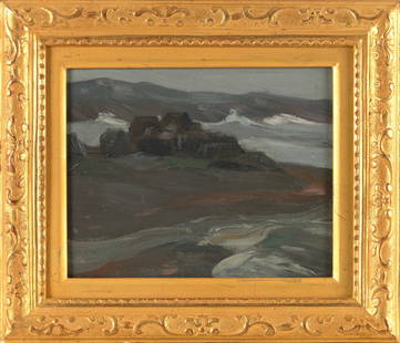 CHARLES HERBERT WOODBURY (ME, MA, 1864-1940), Coastal landscape., Oil on board, 12" x 14".: Charles Herbert WoodburyME,MA, 1864-1940Coastal landscape. Signed lower left "Woodward", signature sits halfway under edge of frame.Oil on board, 12" x 14". Framed 12" x 14".