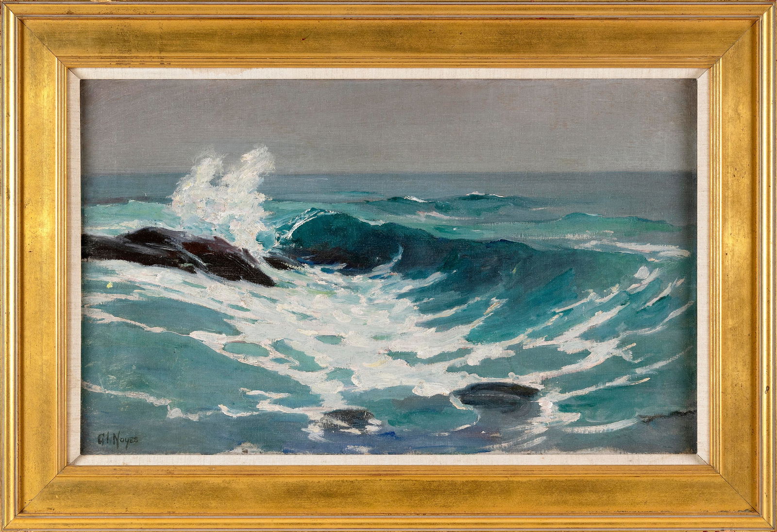 GEORGE LOFTUS NOYES (Massachusetts/New Hampshire, 1864-1954), "Crashing Surf"., Oil on canvas, 18" x (1 of 2)