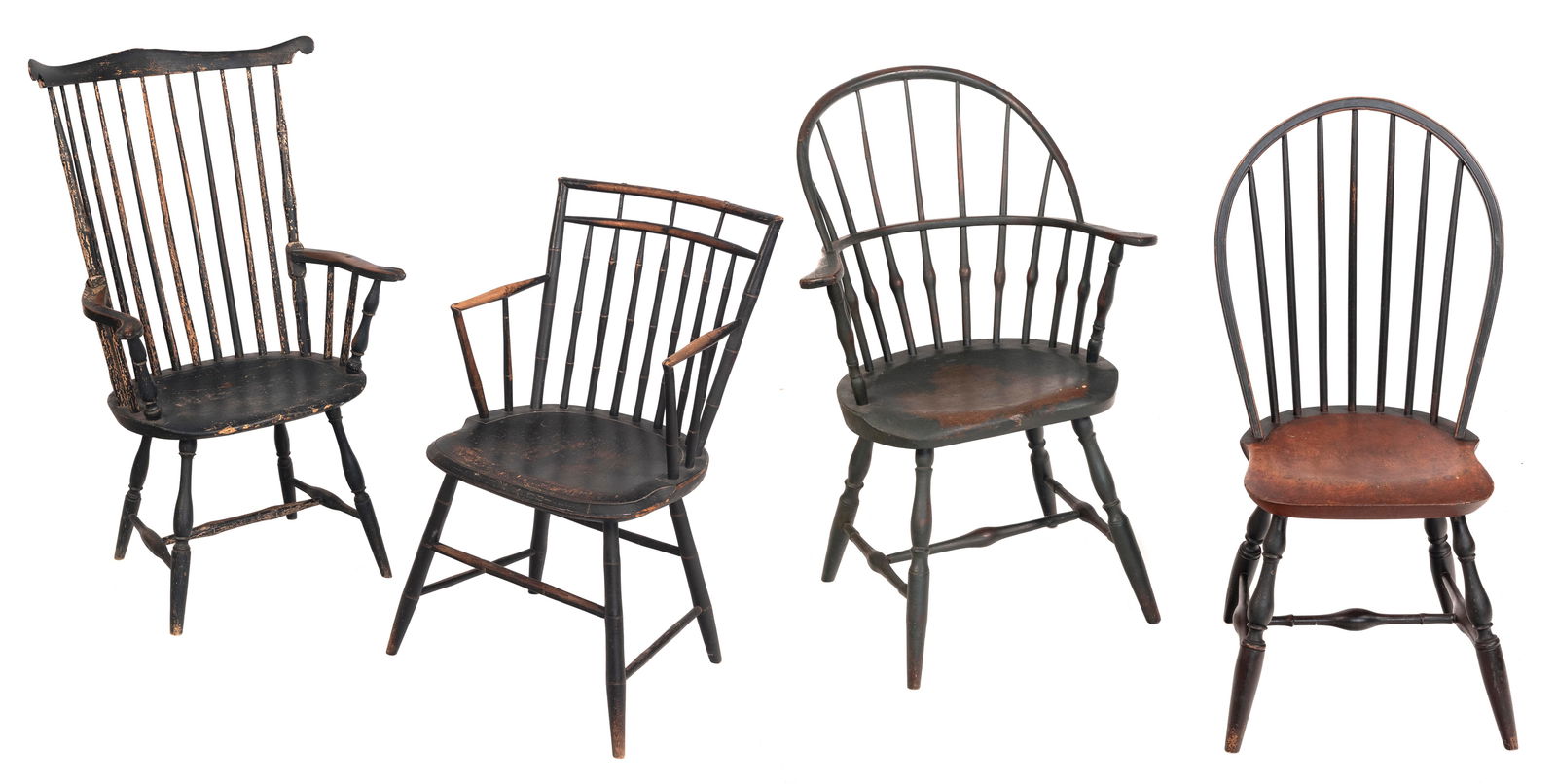 FOUR WINDSOR CHAIRS 18th Century Back heights to 43". Seat heights approx. 17". (1 of 3)