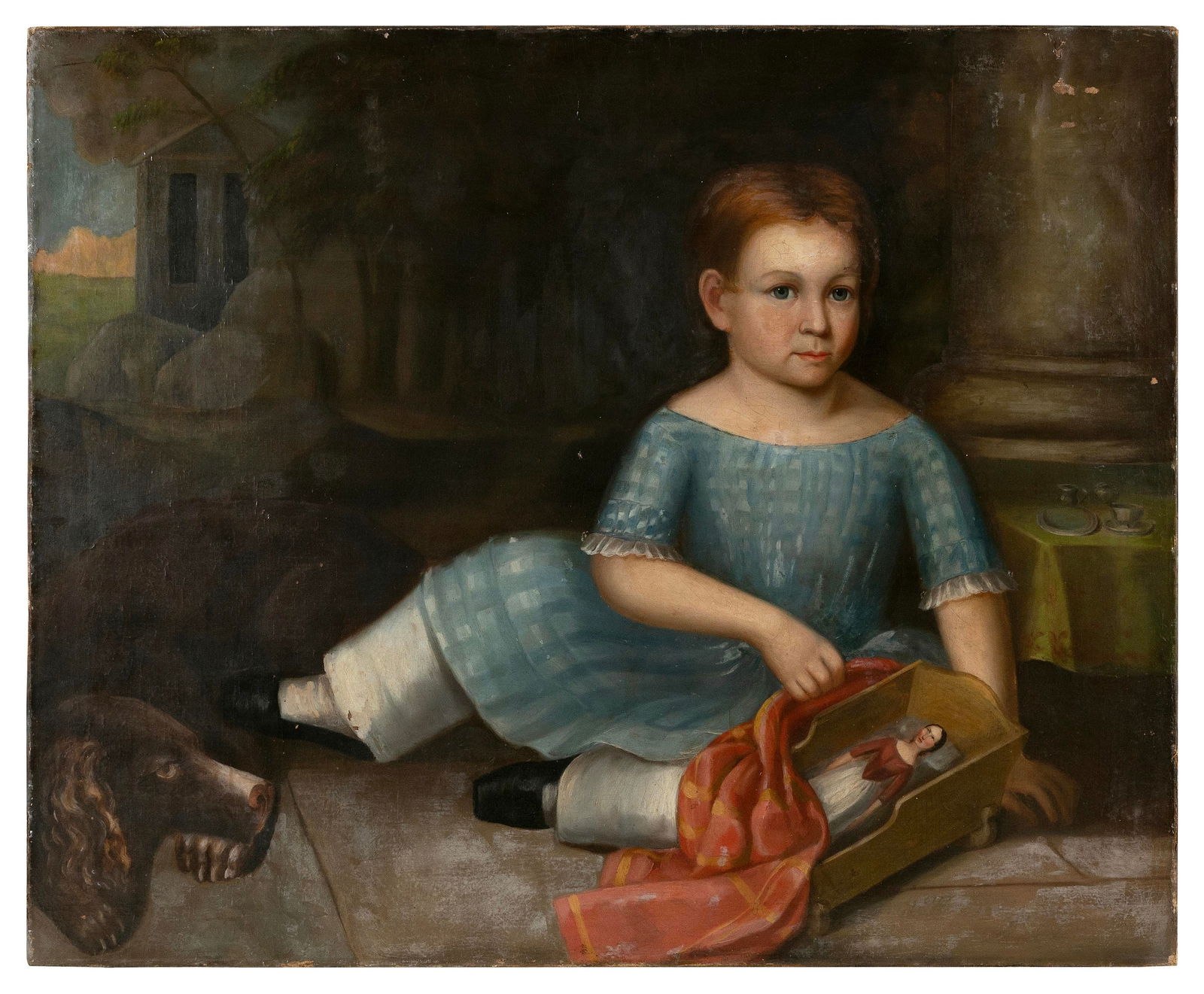 ATTRIBUTED TO JOSEPH WHITING STOCK (Massachusetts, 1815-1855), Portrait of a child seated beside a: ATTRIBUTED TO JOSEPH WHITING STOCKMassachusetts, 1815-1855Portrait of a child seated beside a dog and a doll in a toy cradle. Unsigned.Oil on canvas, 29" x 36". Unframed.