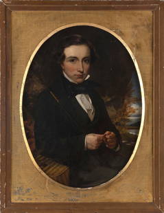 AMERICAN SCHOOL (19th Century,), Portrait of a boy with a fishing pole and a fly., Oil on canvas,: AMERICAN SCHOOL19th CenturyPortrait of a boy with a fishing pole and a fly. Unsigned. Oral family history from the consignor's family claims this to be the work of William Sidney Mount.Oil on canvas,
