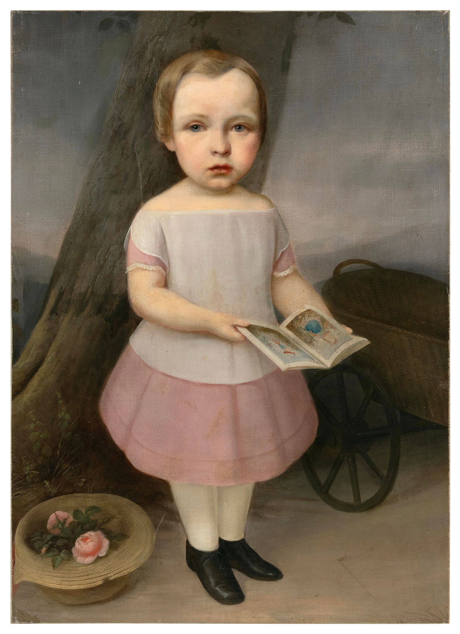 AMERICAN SCHOOL (19th Century,), A young girl holding a book., Oil on canvas laid down on board, (1 of 2)