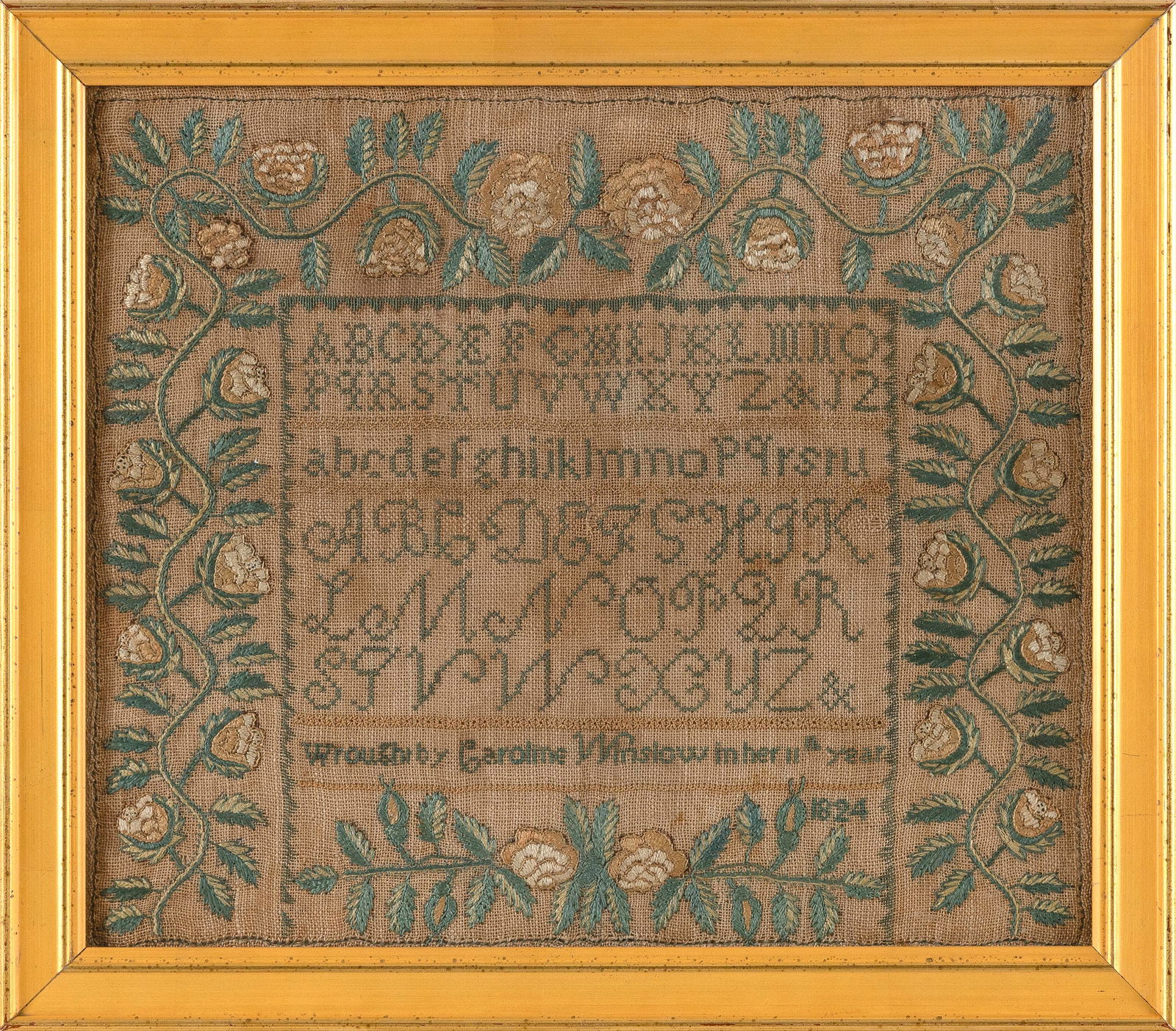 BOSTON NEEDLEWORK SAMPLER AND MANUSCRIPT DOCUMENT Dated 1824 Needlework 14" x 11.5" sight. Framed (1 of 2)