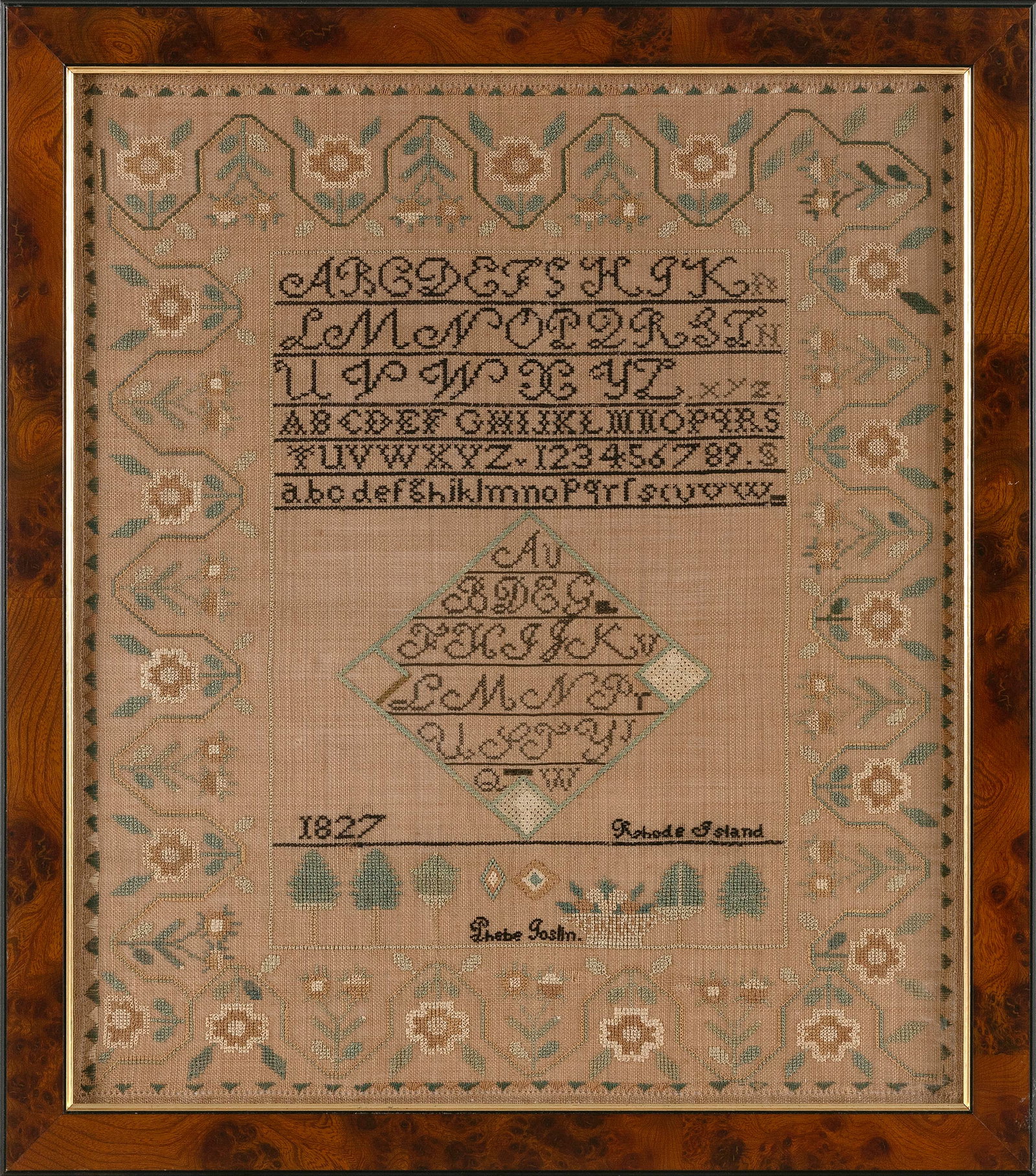 RHODE ISLAND NEEDLEWORK SAMPLER Dated 1827 16.5" x 18.75" sight. Framed 19" x 21". (1 of 2)